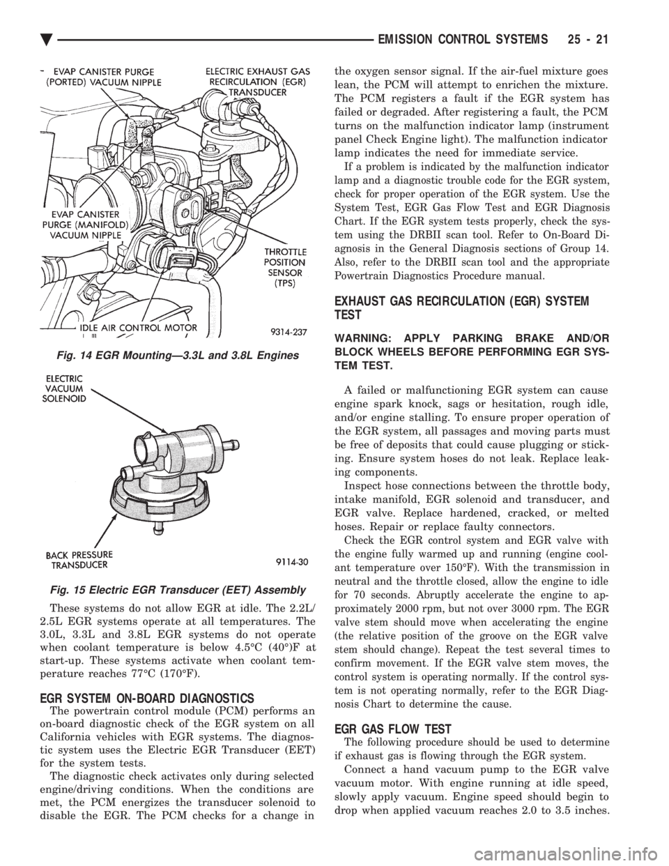 CHEVROLET PLYMOUTH ACCLAIM 1993  Service Manual These systems do not allow EGR at idle. The 2.2L/ 
2.5L EGR systems operate at all temperatures. The
3.0L, 3.3L and 3.8L EGR systems do not operate
when coolant temperature is below 4.5ÉC (40É)F at

