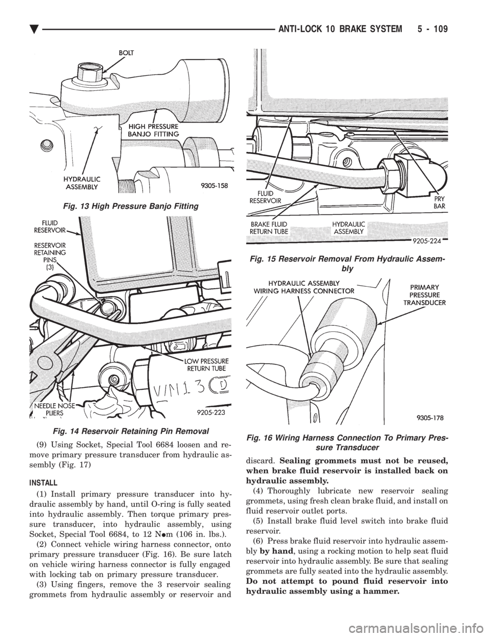 CHEVROLET PLYMOUTH ACCLAIM 1993 Service Manual (9) Using Socket, Special Tool 6684 loosen and re-
move primary pressure transducer from hydraulic as-
sembly (Fig. 17)
INSTALL
(1) Install primary pressure transducer into hy-
draulic assembly by CHEVROLET PLYMOUTH ACCLAIM 1993 Service Manual (9) Using Socket, Special Tool 6684 loosen and re-
move primary pressure transducer from hydraulic as-
sembly (Fig. 17)
INSTALL
(1) Install primary pressure transducer into hy-
draulic assembly by