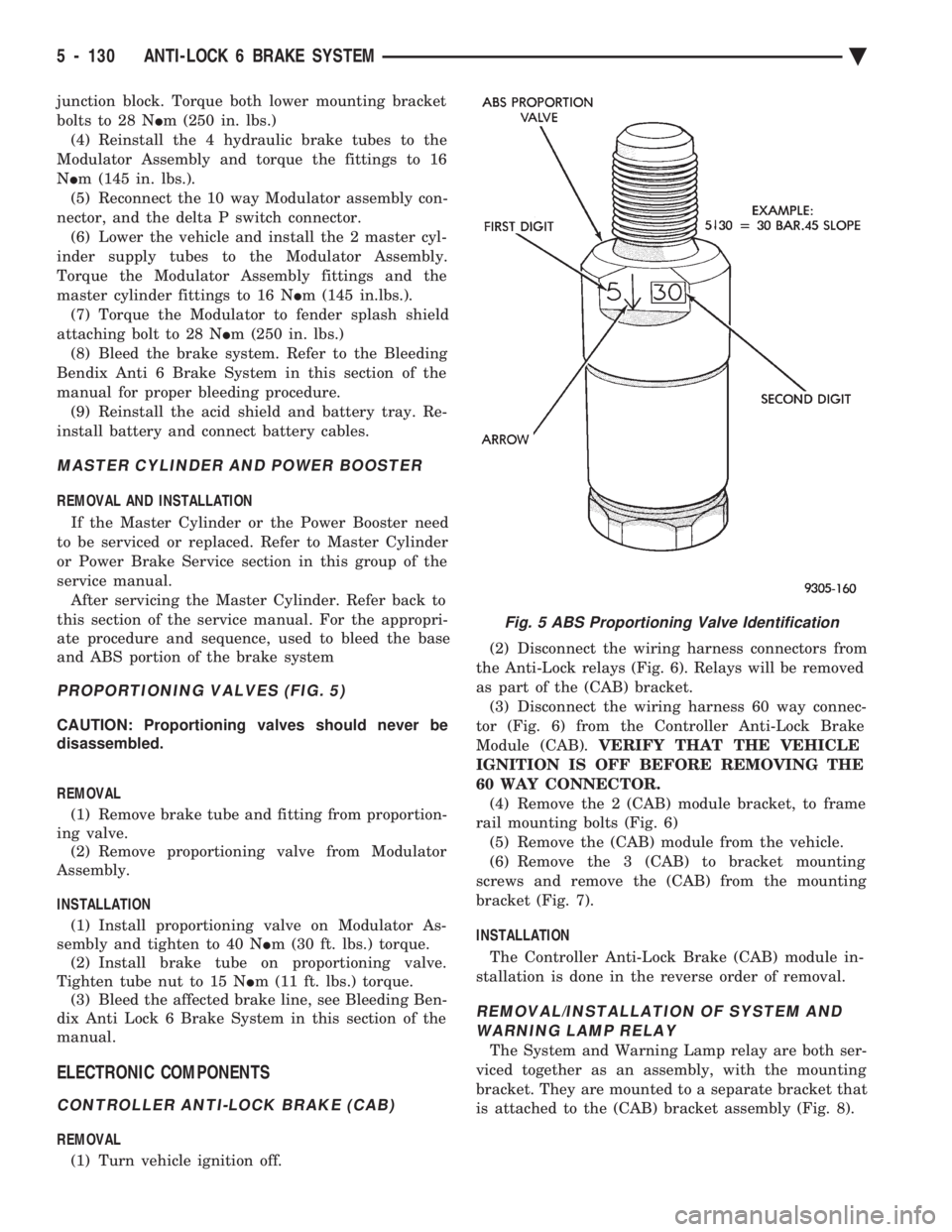 CHEVROLET PLYMOUTH ACCLAIM 1993 Service Manual junction block. Torque both lower mounting bracket
bolts to 28 N Im (250 in. lbs.)
(4) Reinstall the 4 hydraulic brake tubes to the
Modulator Assembly and torque the fittings to 16
N Im (145 in. lb CHEVROLET PLYMOUTH ACCLAIM 1993 Service Manual junction block. Torque both lower mounting bracket
bolts to 28 N Im (250 in. lbs.)
(4) Reinstall the 4 hydraulic brake tubes to the
Modulator Assembly and torque the fittings to 16
N Im (145 in. lb