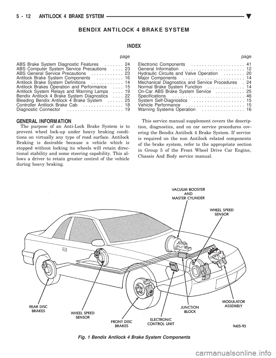 CHEVROLET PLYMOUTH ACCLAIM 1993 Service Manual BENDIX ANTILOCK 4 BRAKE SYSTEM INDEX
page page
ABS Brake System Diagnostic Features ....... 24
ABS Computer System Service Precautions .... 23
ABS General Service Precautions ............ 23
An CHEVROLET PLYMOUTH ACCLAIM 1993 Service Manual BENDIX ANTILOCK 4 BRAKE SYSTEM INDEX
page page
ABS Brake System Diagnostic Features ....... 24
ABS Computer System Service Precautions .... 23
ABS General Service Precautions ............ 23
An