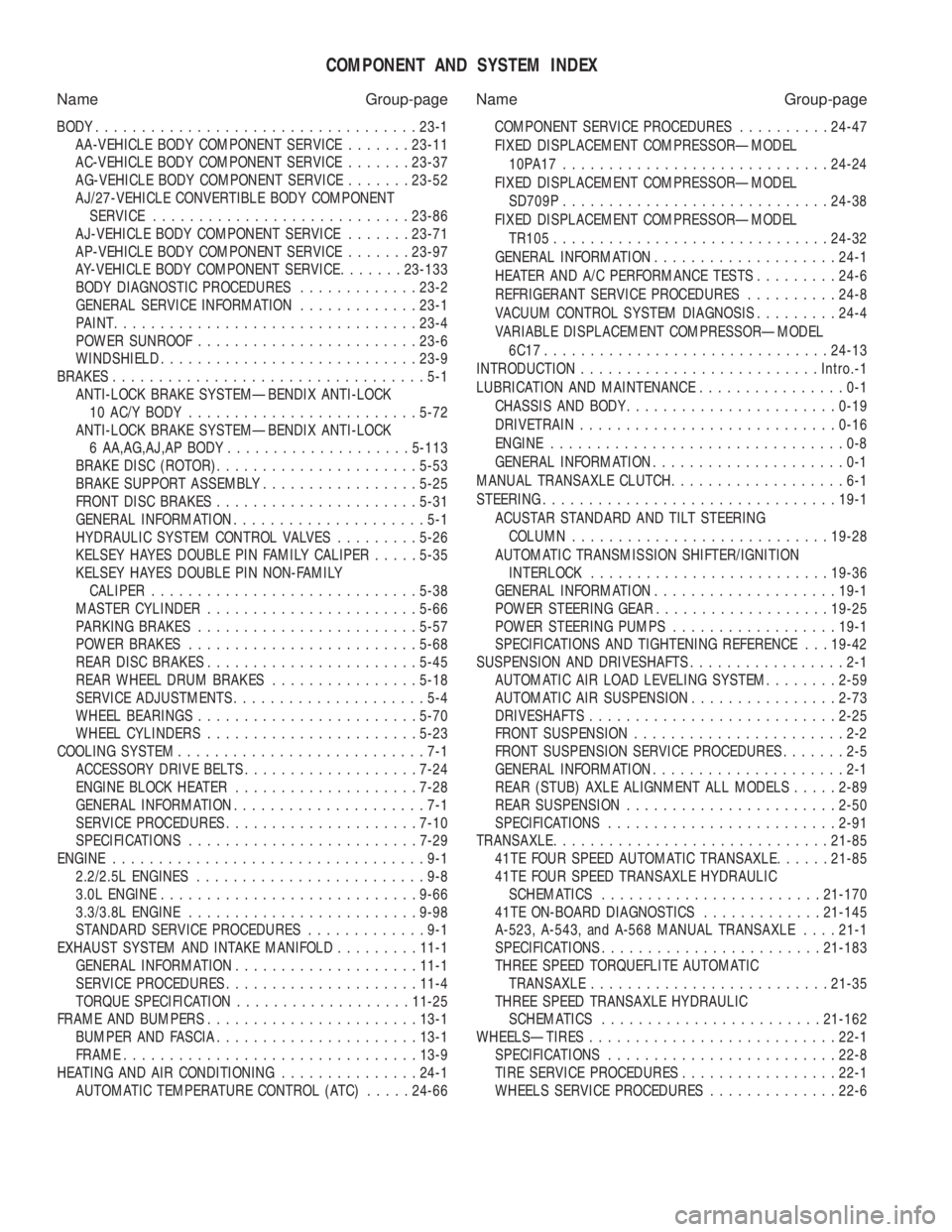 CHEVROLET PLYMOUTH ACCLAIM 1993  Service Manual COMPONENT AND SYSTEM INDEX
Name Group-page Name Group-page 
BODY  ................................... 23-1 
AA-VEHICLE BODY COMPONENT SERVICE  .......23-11 
AC-VEHICLE BODY COMPONENT SERVICE  .......2