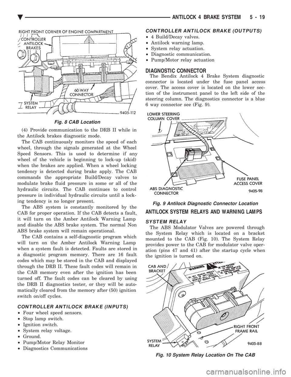 CHEVROLET PLYMOUTH ACCLAIM 1993 Service Manual (4) Provide communication to the DRB II while in
the Antilock brakes diagnostic mode. The CAB continuously monitors the speed of each
wheel, through the signals generated at the Wheel
Speed Sensors. CHEVROLET PLYMOUTH ACCLAIM 1993 Service Manual (4) Provide communication to the DRB II while in
the Antilock brakes diagnostic mode. The CAB continuously monitors the speed of each
wheel, through the signals generated at the Wheel
Speed Sensors.