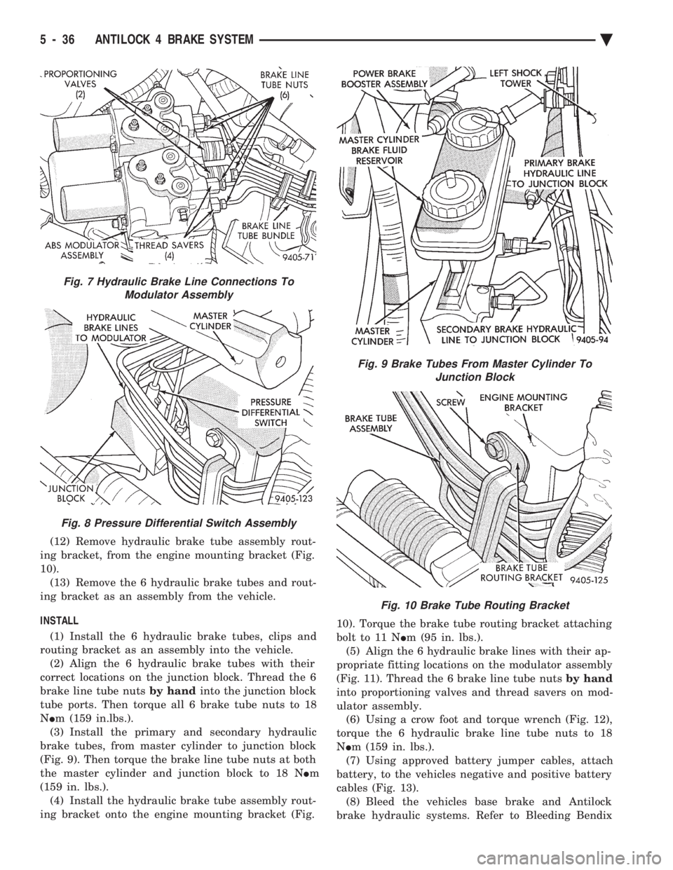 CHEVROLET PLYMOUTH ACCLAIM 1993 Service Manual (12) Remove hydraulic brake tube assembly rout-
ing bracket, from the engine mounting bracket (Fig.
10). (13) Remove the 6 hydraulic brake tubes and rout-
ing bracket as an assembly from the vehicle. CHEVROLET PLYMOUTH ACCLAIM 1993 Service Manual (12) Remove hydraulic brake tube assembly rout-
ing bracket, from the engine mounting bracket (Fig.
10). (13) Remove the 6 hydraulic brake tubes and rout-
ing bracket as an assembly from the vehicle.