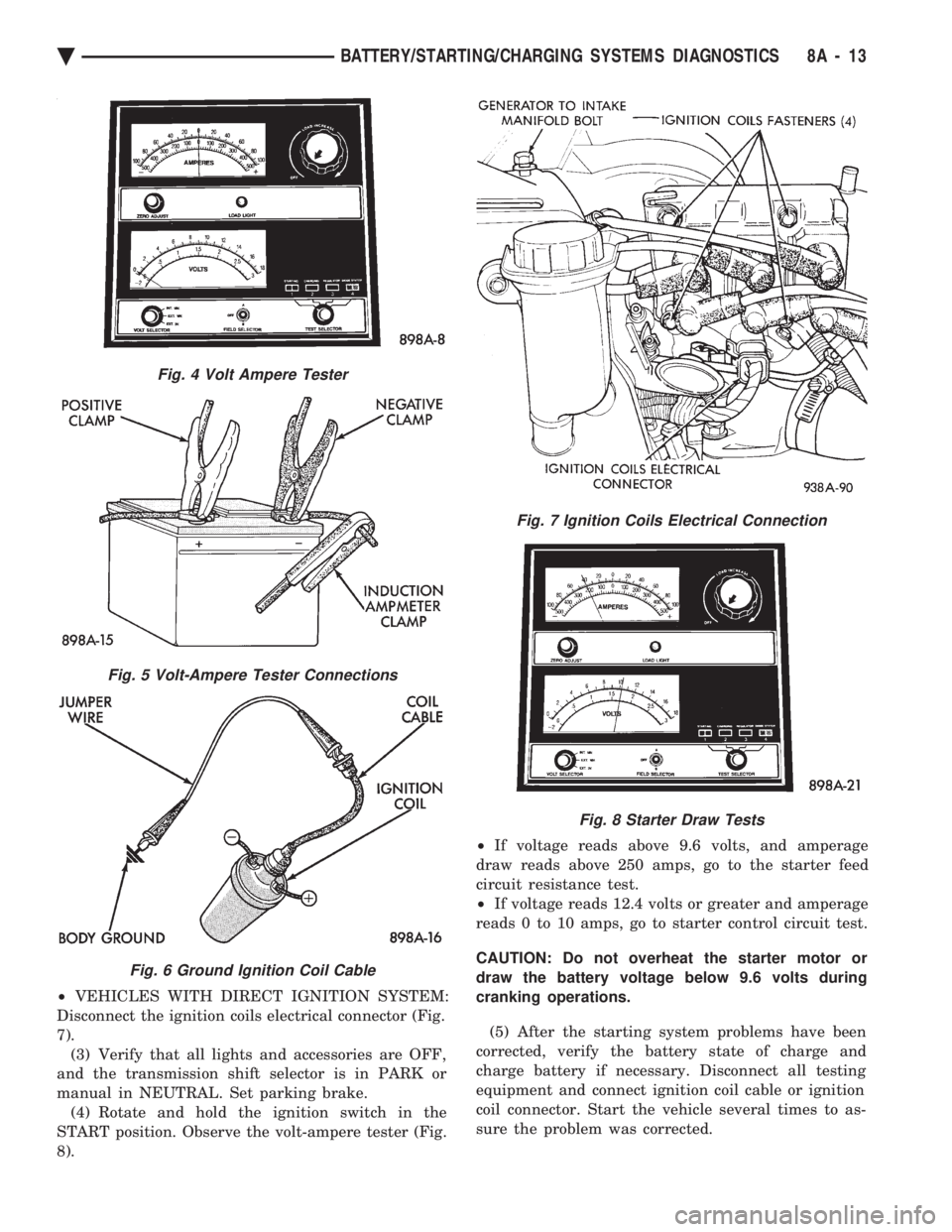 CHEVROLET PLYMOUTH ACCLAIM 1993 Service Manual ² VEHICLES WITH DIRECT IGNITION SYSTEM:
Disconnect the ignition coils electrical connector (Fig.
7). (3) Verify that all lights and accessories are OFF,
and the transmission shift selector is in PAR CHEVROLET PLYMOUTH ACCLAIM 1993 Service Manual ² VEHICLES WITH DIRECT IGNITION SYSTEM:
Disconnect the ignition coils electrical connector (Fig.
7). (3) Verify that all lights and accessories are OFF,
and the transmission shift selector is in PAR