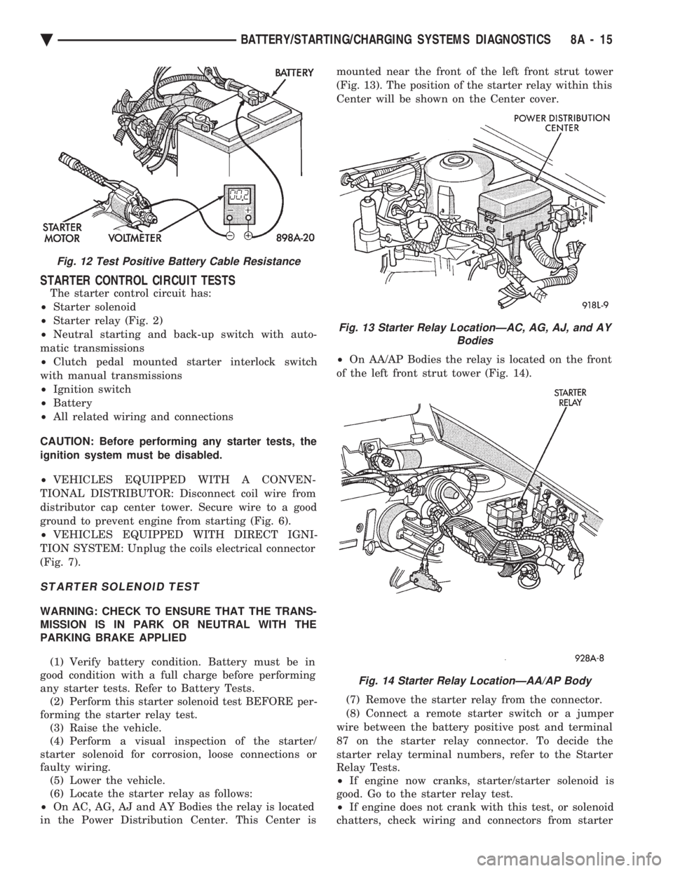 CHEVROLET PLYMOUTH ACCLAIM 1993 Service Manual STARTER CONTROL CIRCUIT TESTS
The starter control circuit has:
² Starter solenoid
² Starter relay (Fig. 2)
² Neutral starting and back-up switch with auto-
matic transmissions
² Clutch ped CHEVROLET PLYMOUTH ACCLAIM 1993 Service Manual STARTER CONTROL CIRCUIT TESTS
The starter control circuit has:
² Starter solenoid
² Starter relay (Fig. 2)
² Neutral starting and back-up switch with auto-
matic transmissions
² Clutch ped