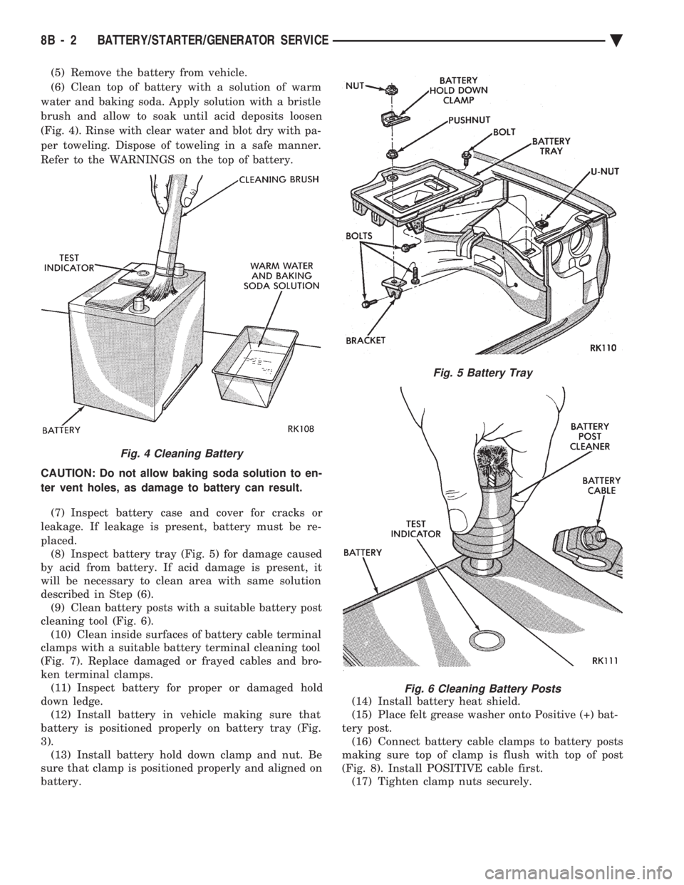 CHEVROLET PLYMOUTH ACCLAIM 1993 Service Manual (5) Remove the battery from vehicle.
(6) Clean top of battery with a solution of warm
water and baking soda. Apply solution with a bristle
brush and allow to soak until acid deposits loosen
(Fig. 4). CHEVROLET PLYMOUTH ACCLAIM 1993 Service Manual (5) Remove the battery from vehicle.
(6) Clean top of battery with a solution of warm
water and baking soda. Apply solution with a bristle
brush and allow to soak until acid deposits loosen
(Fig. 4).