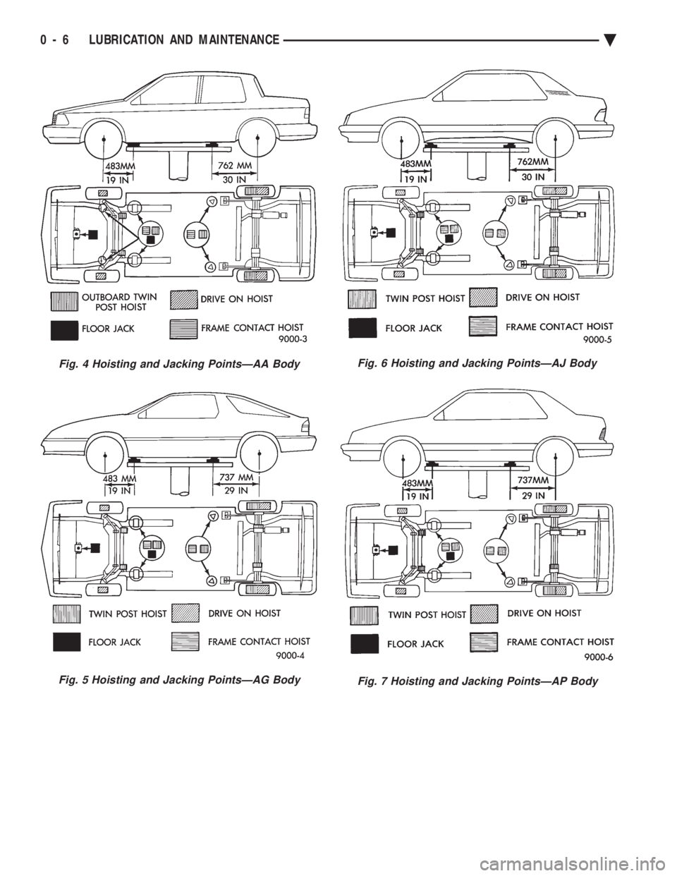 CHEVROLET PLYMOUTH ACCLAIM 1993 Workshop Manual Fig. 4 Hoisting and Jacking PointsÐAA Body
Fig. 5 Hoisting and Jacking PointsÐAG Body
Fig. 6 Hoisting and Jacking PointsÐAJ Body
Fig. 7 Hoisting and Jacking PointsÐAP Body
0 - 6 LUBRICATION AND MA CHEVROLET PLYMOUTH ACCLAIM 1993 Workshop Manual Fig. 4 Hoisting and Jacking PointsÐAA Body
Fig. 5 Hoisting and Jacking PointsÐAG Body
Fig. 6 Hoisting and Jacking PointsÐAJ Body
Fig. 7 Hoisting and Jacking PointsÐAP Body
0 - 6 LUBRICATION AND MA