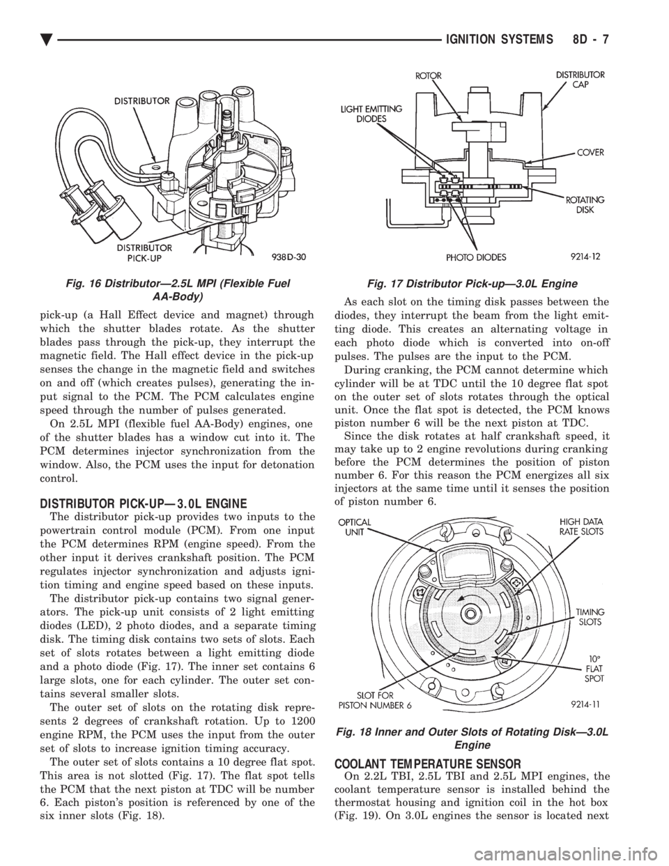 CHEVROLET PLYMOUTH ACCLAIM 1993 Service Manual pick-up (a Hall Effect device and magnet) through
which the shutter blades rotate. As the shutter
blades pass through the pick-up, they interrupt the
magnetic field. The Hall effect device in the pic CHEVROLET PLYMOUTH ACCLAIM 1993 Service Manual pick-up (a Hall Effect device and magnet) through
which the shutter blades rotate. As the shutter
blades pass through the pick-up, they interrupt the
magnetic field. The Hall effect device in the pic