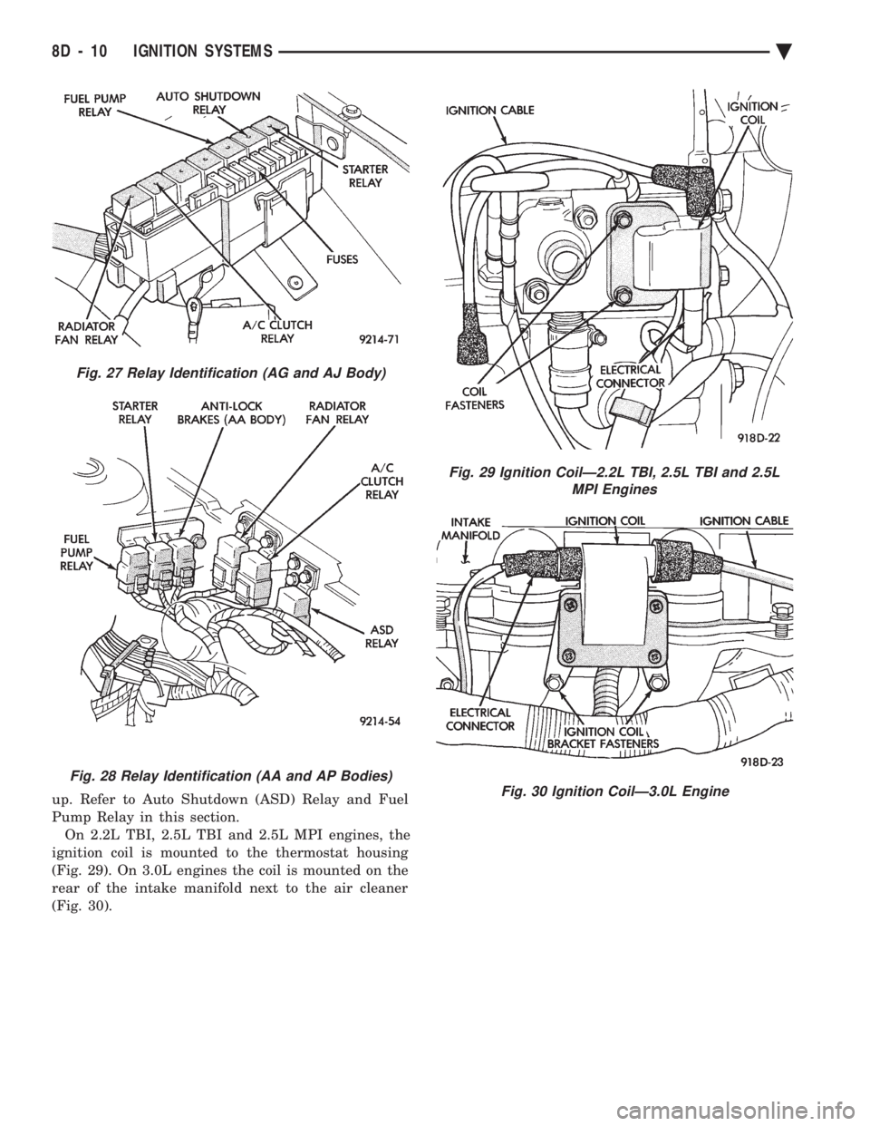 CHEVROLET PLYMOUTH ACCLAIM 1993 Service Manual up. Refer to Auto Shutdown (ASD) Relay and Fuel
Pump Relay in this section.On 2.2L TBI, 2.5L TBI and 2.5L MPI engines, the
ignition coil is mounted to the thermostat housing
(Fig. 29). On 3.0L engine CHEVROLET PLYMOUTH ACCLAIM 1993 Service Manual up. Refer to Auto Shutdown (ASD) Relay and Fuel
Pump Relay in this section.On 2.2L TBI, 2.5L TBI and 2.5L MPI engines, the
ignition coil is mounted to the thermostat housing
(Fig. 29). On 3.0L engine