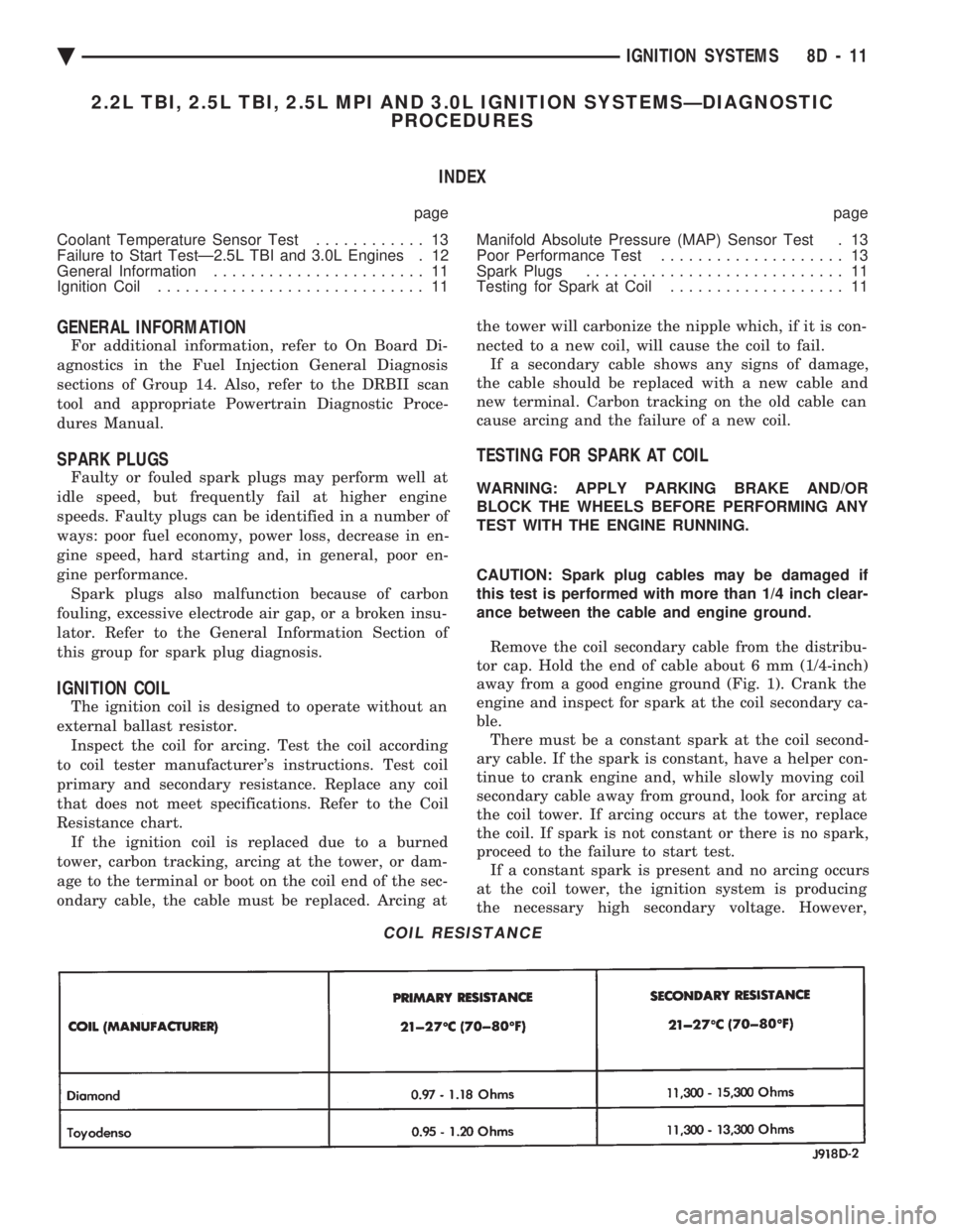 CHEVROLET PLYMOUTH ACCLAIM 1993 Service Manual 2.2L TBI, 2.5L TBI, 2.5L MPI AND 3.0L IGNITION SYSTEMSÐDIAGNOSTIC PROCEDURES
INDEX
page page
Coolant Temperature Sensor Test ............ 13
Failure to Start TestÐ2.5L TBI and 3.0L Engines . 12
CHEVROLET PLYMOUTH ACCLAIM 1993 Service Manual 2.2L TBI, 2.5L TBI, 2.5L MPI AND 3.0L IGNITION SYSTEMSÐDIAGNOSTIC PROCEDURES
INDEX
page page
Coolant Temperature Sensor Test ............ 13
Failure to Start TestÐ2.5L TBI and 3.0L Engines . 12