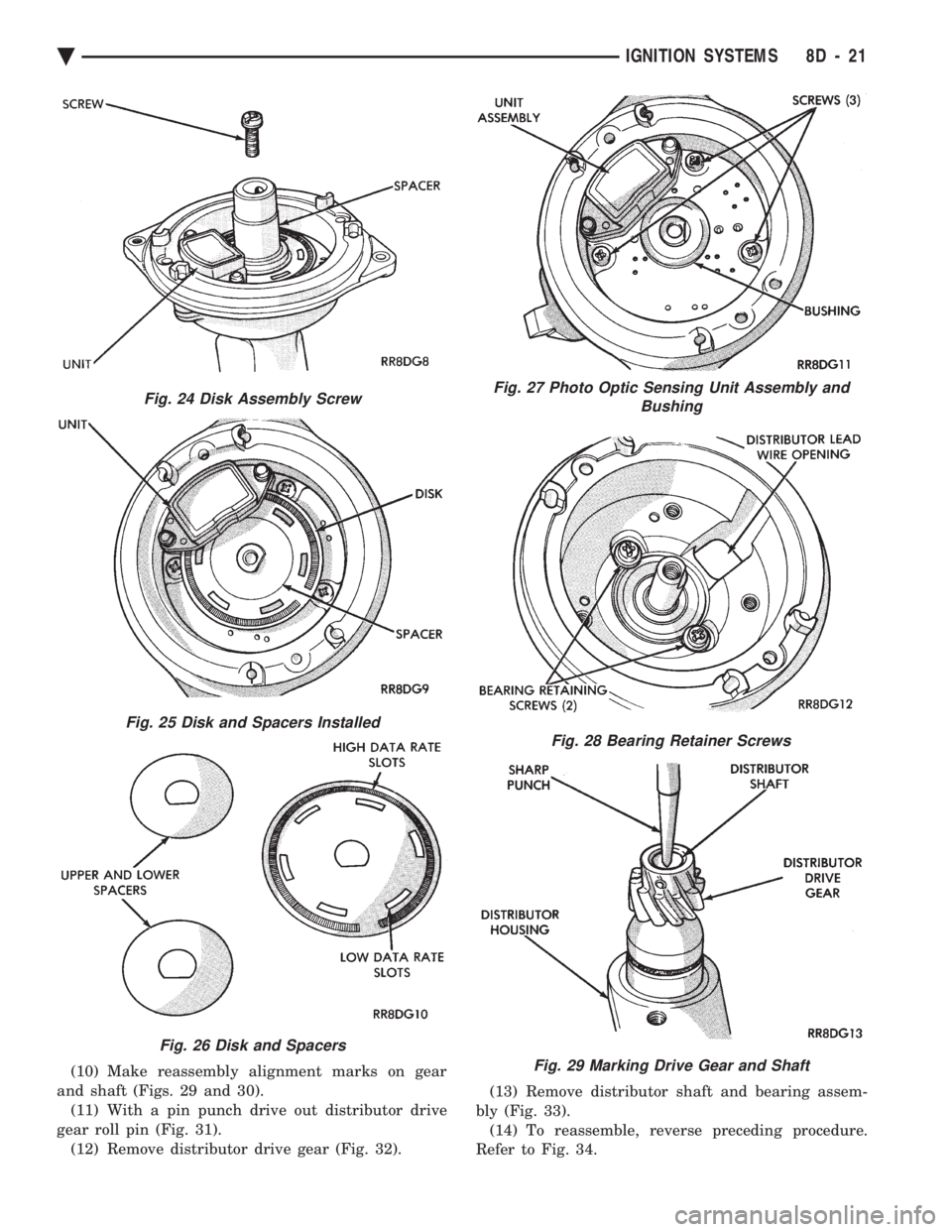 CHEVROLET PLYMOUTH ACCLAIM 1993 Service Manual (10) Make reassembly alignment marks on gear
and shaft (Figs. 29 and 30). (11) With a pin punch drive out distributor drive
gear roll pin (Fig. 31). (12) Remove distributor drive gear (Fig. 32). (13 CHEVROLET PLYMOUTH ACCLAIM 1993 Service Manual (10) Make reassembly alignment marks on gear
and shaft (Figs. 29 and 30). (11) With a pin punch drive out distributor drive
gear roll pin (Fig. 31). (12) Remove distributor drive gear (Fig. 32). (13