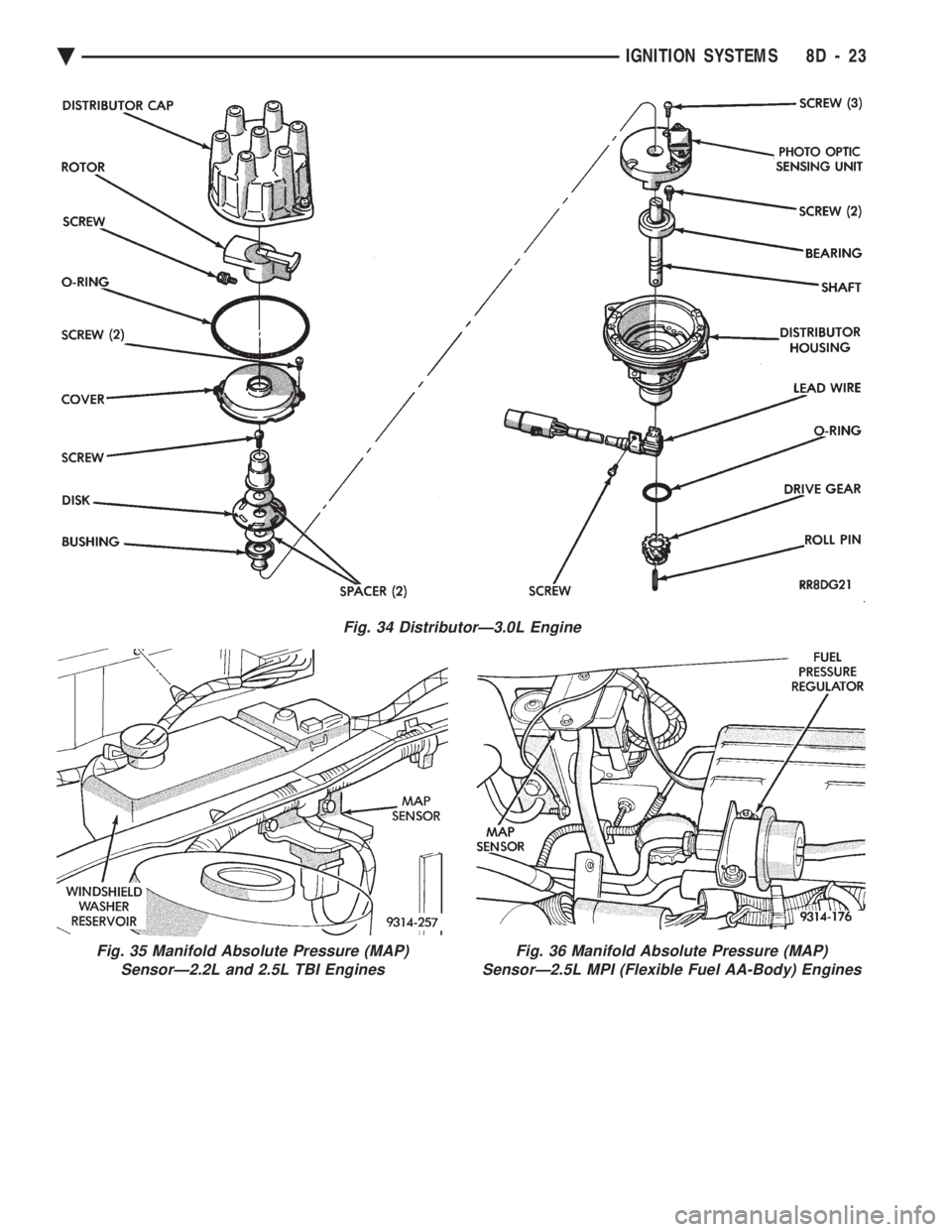 CHEVROLET PLYMOUTH ACCLAIM 1993 Service Manual Fig. 35 Manifold Absolute Pressure (MAP) SensorÐ2.2L and 2.5L TBI EnginesFig. 36 Manifold Absolute Pressure (MAP)
SensorÐ2.5L MPI (Flexible Fuel AA-Body) Engines
Fig. 34 DistributorÐ3.0L Engine
Ä CHEVROLET PLYMOUTH ACCLAIM 1993 Service Manual Fig. 35 Manifold Absolute Pressure (MAP) SensorÐ2.2L and 2.5L TBI EnginesFig. 36 Manifold Absolute Pressure (MAP)
SensorÐ2.5L MPI (Flexible Fuel AA-Body) Engines
Fig. 34 DistributorÐ3.0L Engine
Ä