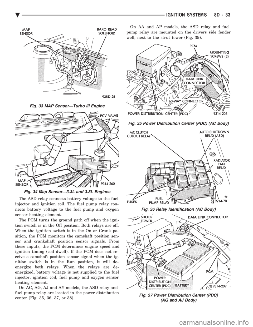 CHEVROLET PLYMOUTH ACCLAIM 1993 Service Manual The ASD relay connects battery voltage to the fuel
injector and ignition coil. The fuel pump relay con-
nects battery voltage to the fuel pump and oxygen
sensor heating element. The PCM turns the gro CHEVROLET PLYMOUTH ACCLAIM 1993 Service Manual The ASD relay connects battery voltage to the fuel
injector and ignition coil. The fuel pump relay con-
nects battery voltage to the fuel pump and oxygen
sensor heating element. The PCM turns the gro
