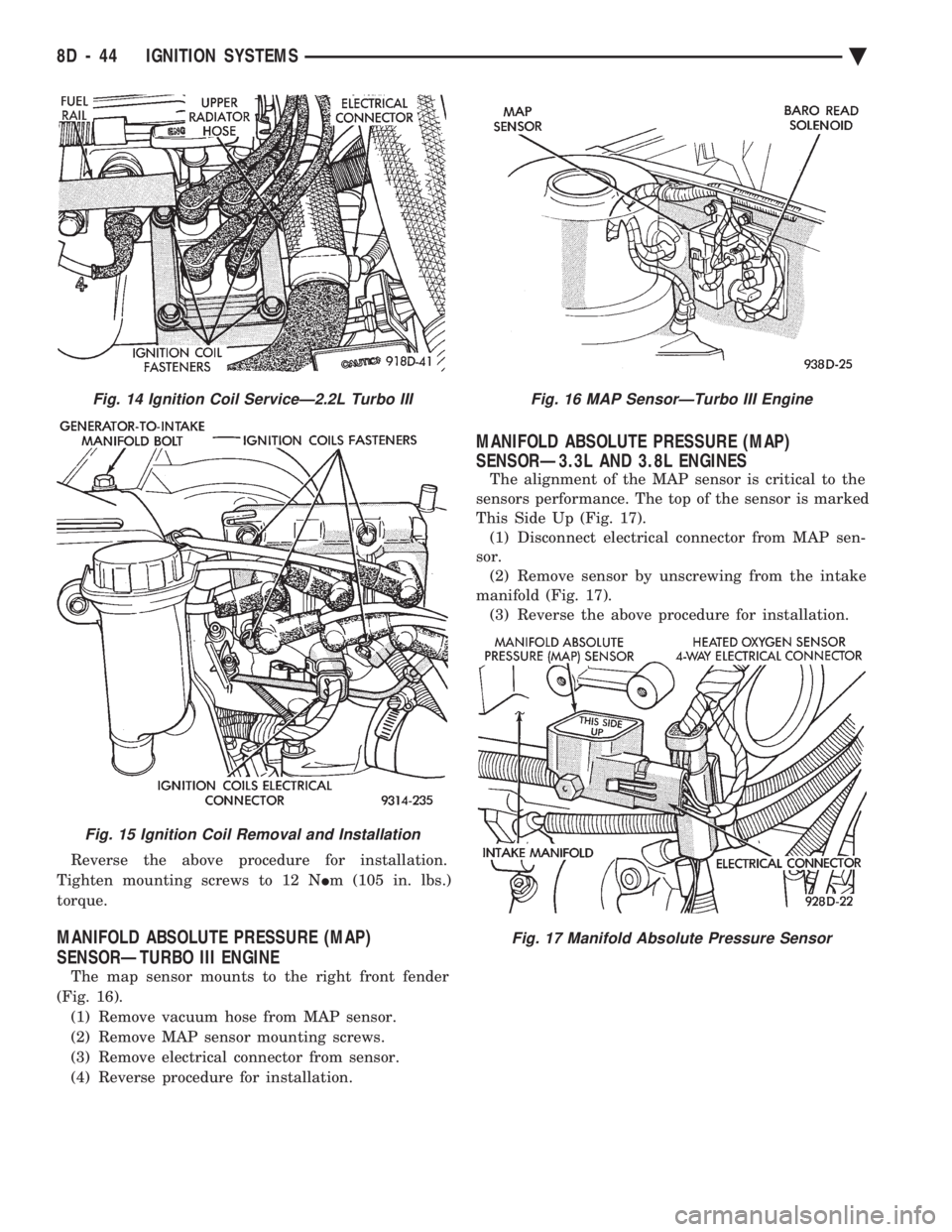 CHEVROLET PLYMOUTH ACCLAIM 1993 Service Manual Reverse the above procedure for installation.
Tighten mounting screws to 12 N Im (105 in. lbs.)
torque.
MANIFOLD ABSOLUTE PRESSURE (MAP)
SENSORÐTURBO III ENGINE
The map sensor mounts to the right CHEVROLET PLYMOUTH ACCLAIM 1993 Service Manual Reverse the above procedure for installation.
Tighten mounting screws to 12 N Im (105 in. lbs.)
torque.
MANIFOLD ABSOLUTE PRESSURE (MAP)
SENSORÐTURBO III ENGINE
The map sensor mounts to the right