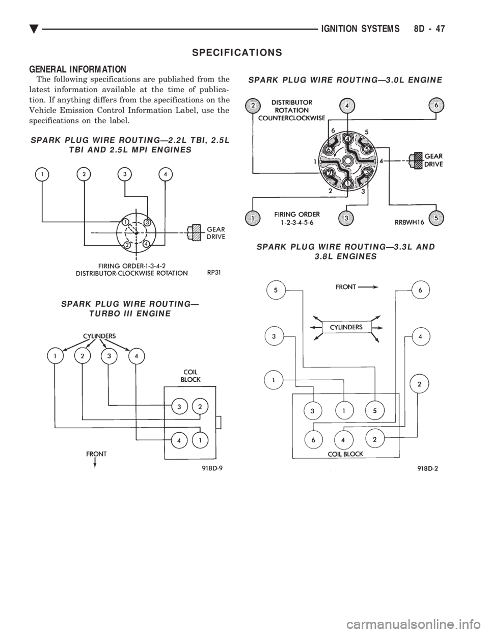 CHEVROLET PLYMOUTH ACCLAIM 1993 Service Manual SPECIFICATIONS
GENERAL INFORMATION
The following specifications are published from the
latest information available at the time of publica-
tion. If anything differs from the specifications on the
V CHEVROLET PLYMOUTH ACCLAIM 1993 Service Manual SPECIFICATIONS
GENERAL INFORMATION
The following specifications are published from the
latest information available at the time of publica-
tion. If anything differs from the specifications on the
V