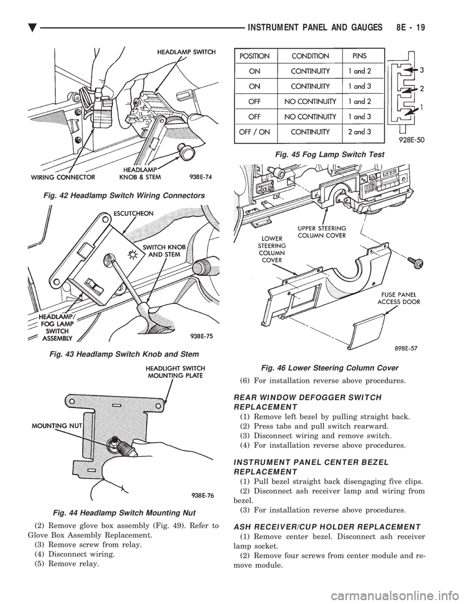 CHEVROLET PLYMOUTH ACCLAIM 1993 Service Manual (2) Remove glove box assembly (Fig. 49). Refer to
Glove Box Assembly Replacement. (3) Remove screw from relay.
(4) Disconnect wiring.
(5) Remove relay. (6) For installation reverse above procedures. CHEVROLET PLYMOUTH ACCLAIM 1993 Service Manual (2) Remove glove box assembly (Fig. 49). Refer to
Glove Box Assembly Replacement. (3) Remove screw from relay.
(4) Disconnect wiring.
(5) Remove relay. (6) For installation reverse above procedures.