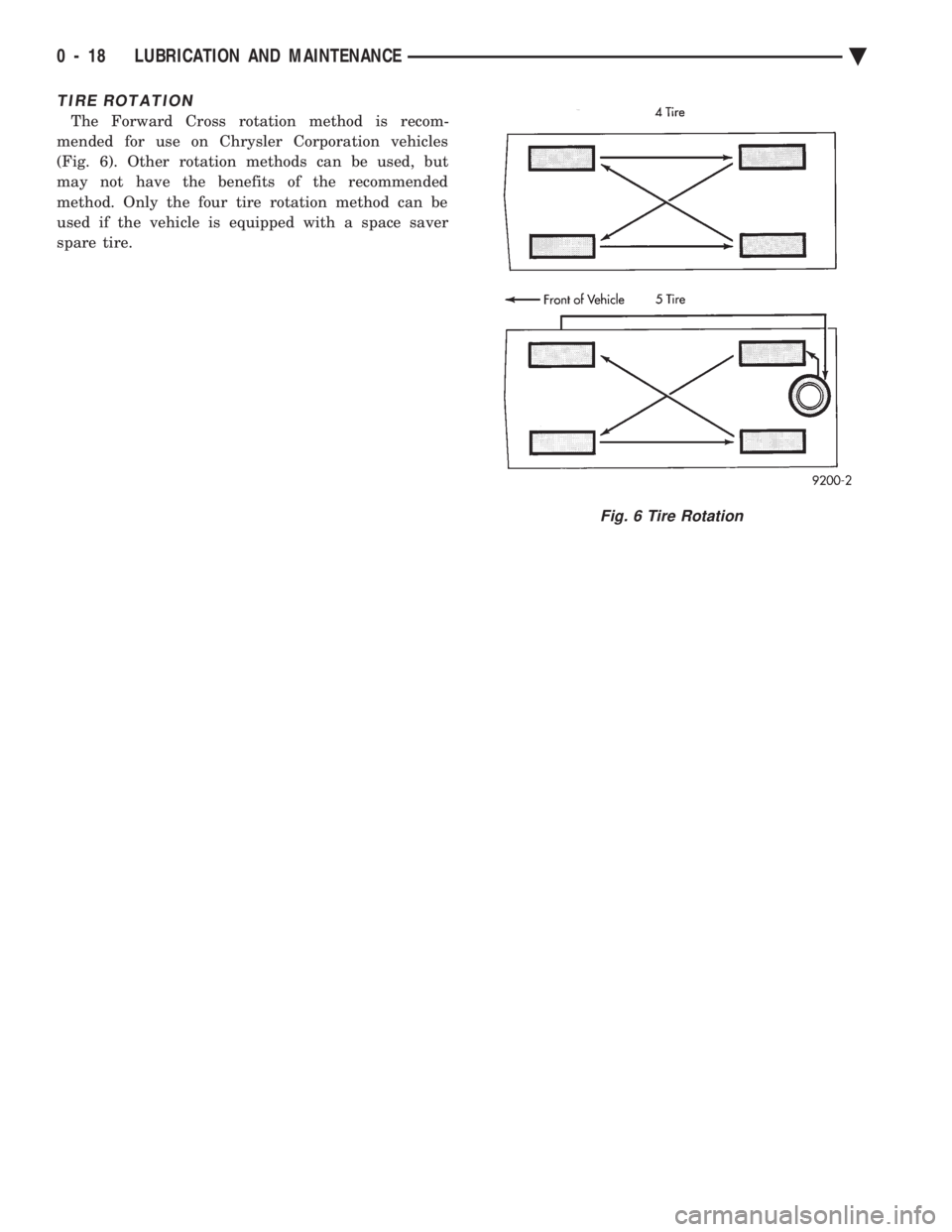 CHEVROLET PLYMOUTH ACCLAIM 1993 Workshop Manual TIRE ROTATION
The Forward Cross rotation method is recom-
mended for use on Chrysler Corporation vehicles
(Fig. 6). Other rotation methods can be used, but
may not have the benefits of the recommende CHEVROLET PLYMOUTH ACCLAIM 1993 Workshop Manual TIRE ROTATION
The Forward Cross rotation method is recom-
mended for use on Chrysler Corporation vehicles
(Fig. 6). Other rotation methods can be used, but
may not have the benefits of the recommende