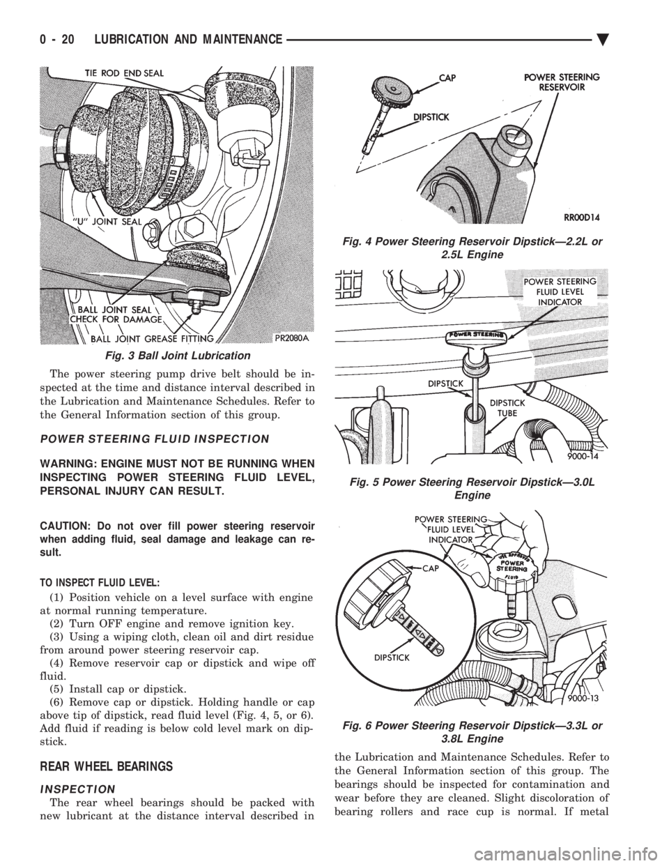 CHEVROLET PLYMOUTH ACCLAIM 1993 Workshop Manual The power steering pump drive belt should be in-
spected at the time and distance interval described in
the Lubrication and Maintenance Schedules. Refer to
the General Information section of this gro CHEVROLET PLYMOUTH ACCLAIM 1993 Workshop Manual The power steering pump drive belt should be in-
spected at the time and distance interval described in
the Lubrication and Maintenance Schedules. Refer to
the General Information section of this gro