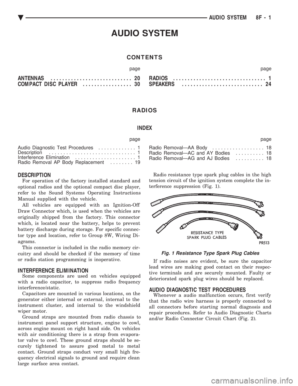 CHEVROLET PLYMOUTH ACCLAIM 1993 Service Manual AUDIO SYSTEM
CONTENTS
page page
ANTENNAS ............................ 20
COMPACT DISC PLAYER ................. 30 RADIOS
................................ 1
SPEAKERS ............................ CHEVROLET PLYMOUTH ACCLAIM 1993 Service Manual AUDIO SYSTEM
CONTENTS
page page
ANTENNAS ............................ 20
COMPACT DISC PLAYER ................. 30 RADIOS
................................ 1
SPEAKERS ............................