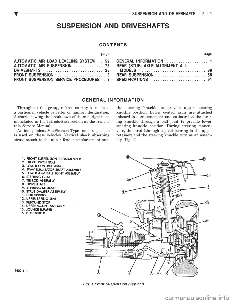 CHEVROLET PLYMOUTH ACCLAIM 1993 Workshop Manual SUSPENSION AND DRIVESHAFTS
CONTENTS
page page
AUTOMATIC AIR LOAD LEVELING SYSTEM . 59
AUTOMATIC AIR SUSPENSION ............ 73
DRIVESHAFTS ......................... 25
FRONT SUSPENSION .......... CHEVROLET PLYMOUTH ACCLAIM 1993 Workshop Manual SUSPENSION AND DRIVESHAFTS
CONTENTS
page page
AUTOMATIC AIR LOAD LEVELING SYSTEM . 59
AUTOMATIC AIR SUSPENSION ............ 73
DRIVESHAFTS ......................... 25
FRONT SUSPENSION ..........