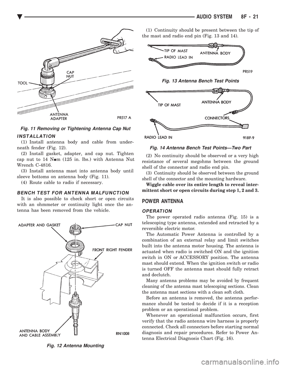 CHEVROLET PLYMOUTH ACCLAIM 1993 Service Manual INSTALLATION
(1) Install antenna body and cable from under-
neath fender (Fig. 12). (2) Install gasket, adapter, and cap nut. Tighten
cap nut to 14 N Im (125 in. lbs.) with Antenna Nut
Wrench C-481 CHEVROLET PLYMOUTH ACCLAIM 1993 Service Manual INSTALLATION
(1) Install antenna body and cable from under-
neath fender (Fig. 12). (2) Install gasket, adapter, and cap nut. Tighten
cap nut to 14 N Im (125 in. lbs.) with Antenna Nut
Wrench C-481