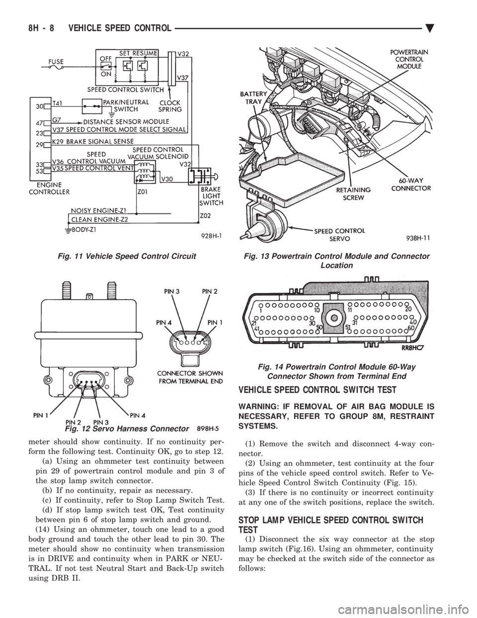 CHEVROLET PLYMOUTH ACCLAIM 1993 Service Manual meter should show continuity. If no continuity per-
form the following test. Continuity OK, go to step 12.(a) Using an ohmmeter test continuity between
pin 29 of powertrain control module and pin 3 o CHEVROLET PLYMOUTH ACCLAIM 1993 Service Manual meter should show continuity. If no continuity per-
form the following test. Continuity OK, go to step 12.(a) Using an ohmmeter test continuity between
pin 29 of powertrain control module and pin 3 o