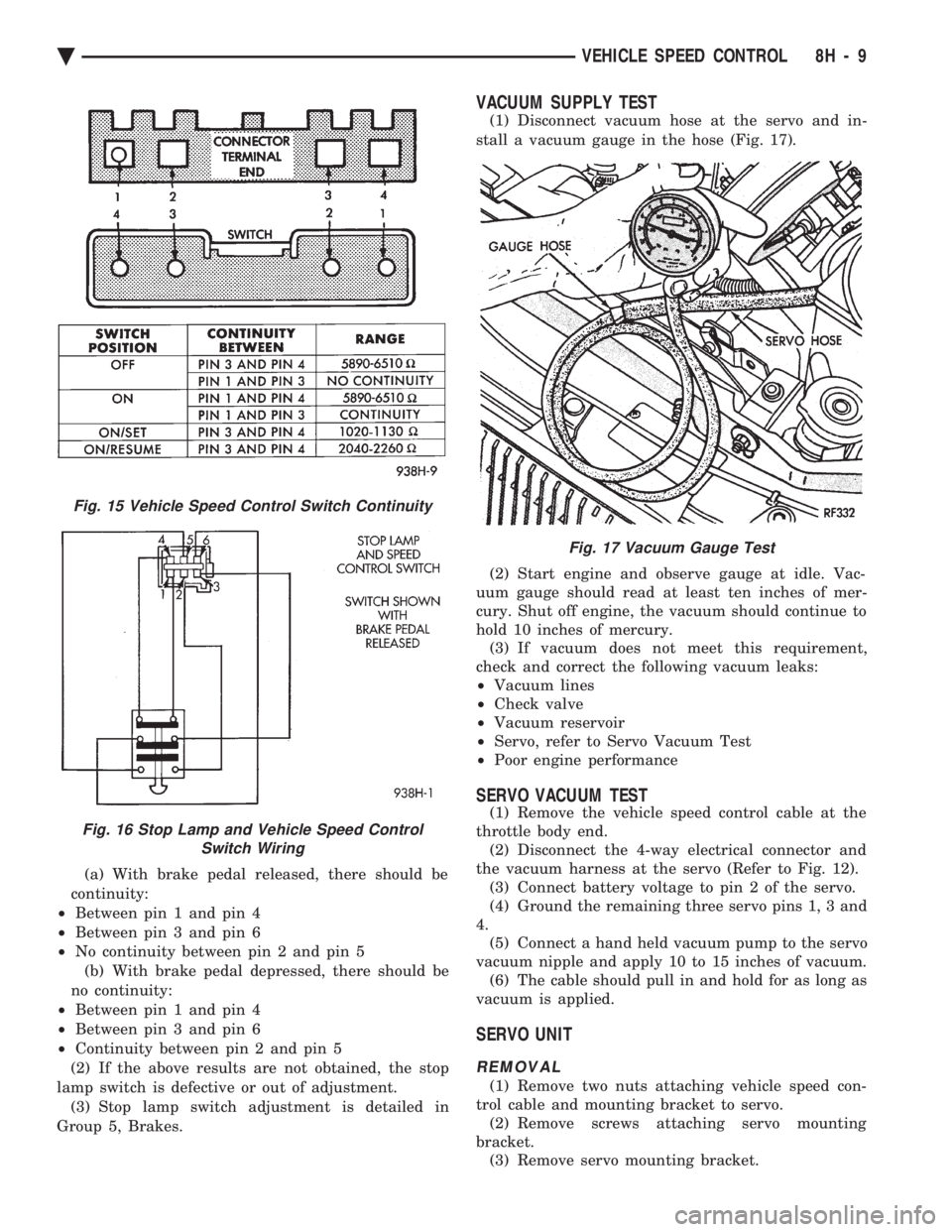 CHEVROLET PLYMOUTH ACCLAIM 1993 Service Manual (a) With brake pedal released, there should be
continuity:
² Between pin 1 and pin 4
² Between pin 3 and pin 6
² No continuity between pin 2 and pin 5
(b) With brake pedal depressed, there s CHEVROLET PLYMOUTH ACCLAIM 1993 Service Manual (a) With brake pedal released, there should be
continuity:
² Between pin 1 and pin 4
² Between pin 3 and pin 6
² No continuity between pin 2 and pin 5
(b) With brake pedal depressed, there s