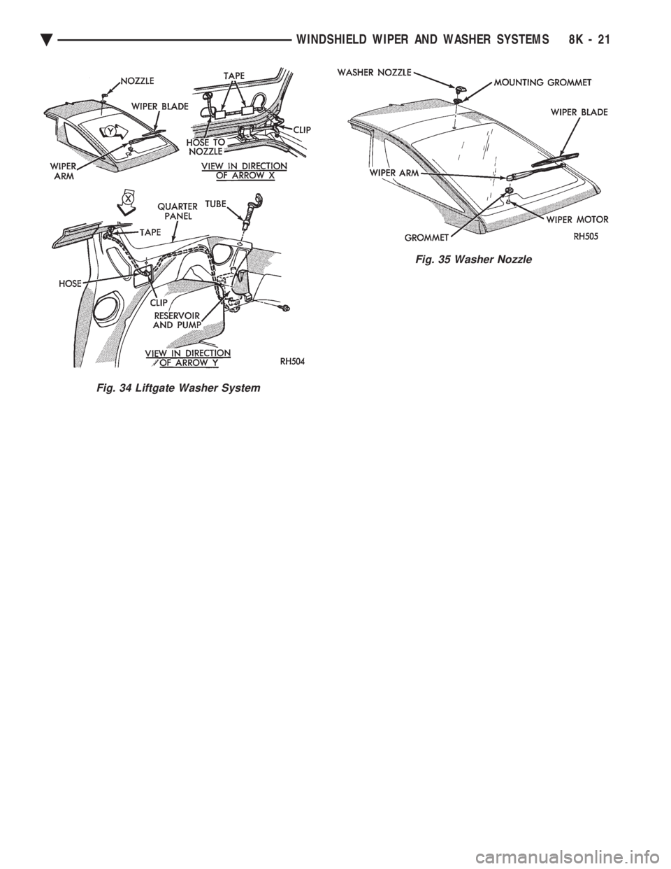 CHEVROLET PLYMOUTH ACCLAIM 1993 Service Manual Fig. 34 Liftgate Washer System
Fig. 35 Washer Nozzle
Ä WINDSHIELD WIPER AND WASHER SYSTEMS 8K - 21 CHEVROLET PLYMOUTH ACCLAIM 1993 Service Manual Fig. 34 Liftgate Washer System
Fig. 35 Washer Nozzle
Ä WINDSHIELD WIPER AND WASHER SYSTEMS 8K - 21