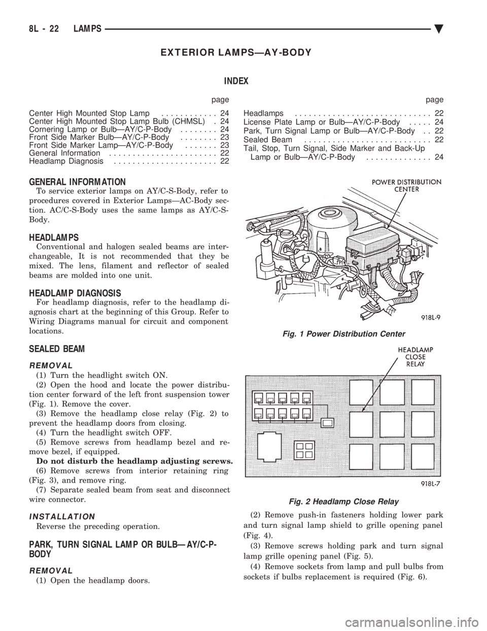 CHEVROLET PLYMOUTH ACCLAIM 1993  Service Manual EXTERIOR LAMPSÐAY-BODY INDEX
page page 
Center High Mounted Stop Lamp  ............ 24 
Center High Mounted Stop Lamp Bulb (CHMSL) . 24
Cornering Lamp or BulbÐAY/C-P-Body  ........ 24 
Front Side Ma