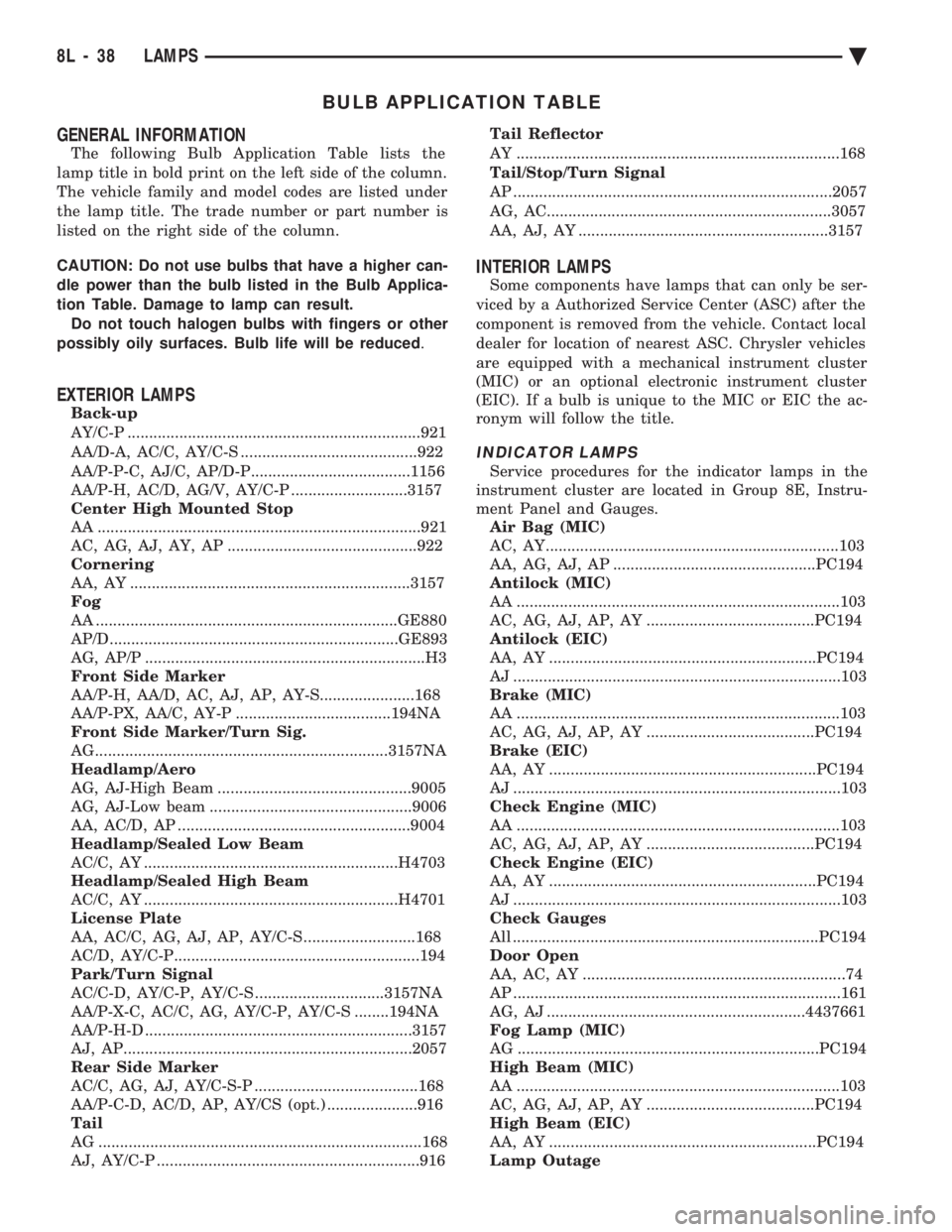 CHEVROLET PLYMOUTH ACCLAIM 1993 Service Manual BULB APPLICATION TABLE
GENERAL INFORMATION
The following Bulb Application Table lists the
lamp title in bold print on the left side of the column.
The vehicle family and model codes are listed under CHEVROLET PLYMOUTH ACCLAIM 1993 Service Manual BULB APPLICATION TABLE
GENERAL INFORMATION
The following Bulb Application Table lists the
lamp title in bold print on the left side of the column.
The vehicle family and model codes are listed under