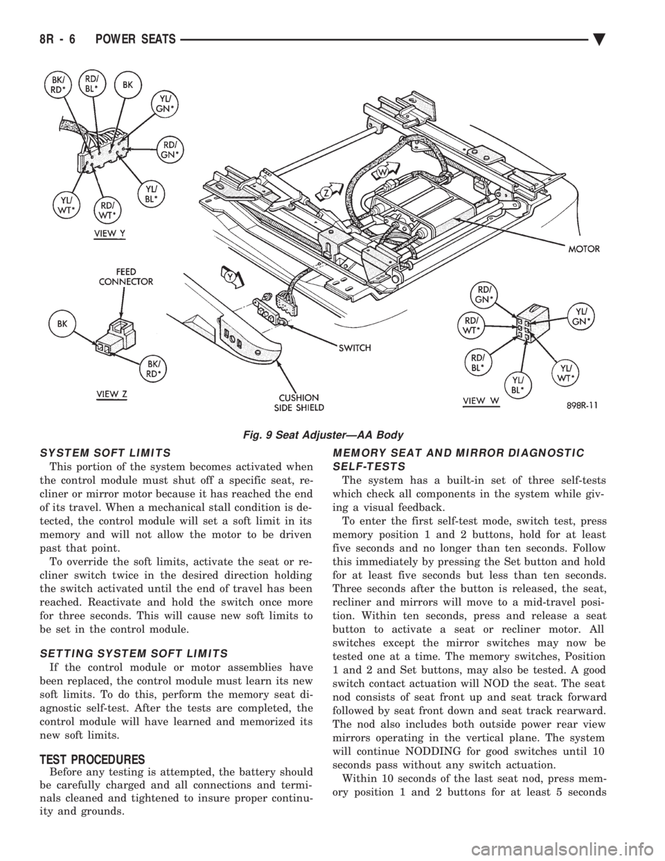 CHEVROLET PLYMOUTH ACCLAIM 1993  Service Manual SYSTEM SOFT LIMITS
This portion of the system becomes activated when 
the control module must shut off a specific seat, re-
cliner or mirror motor because it has reached the end
of its travel. When a 