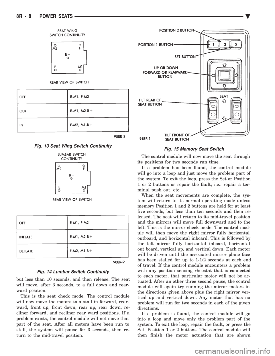 CHEVROLET PLYMOUTH ACCLAIM 1993  Service Manual but less than 10 seconds, and then release. The seat 
will move, after 3 seconds, to a full down and rear-
ward position. This is the seat check mode. The control module
will now move the motors to a 