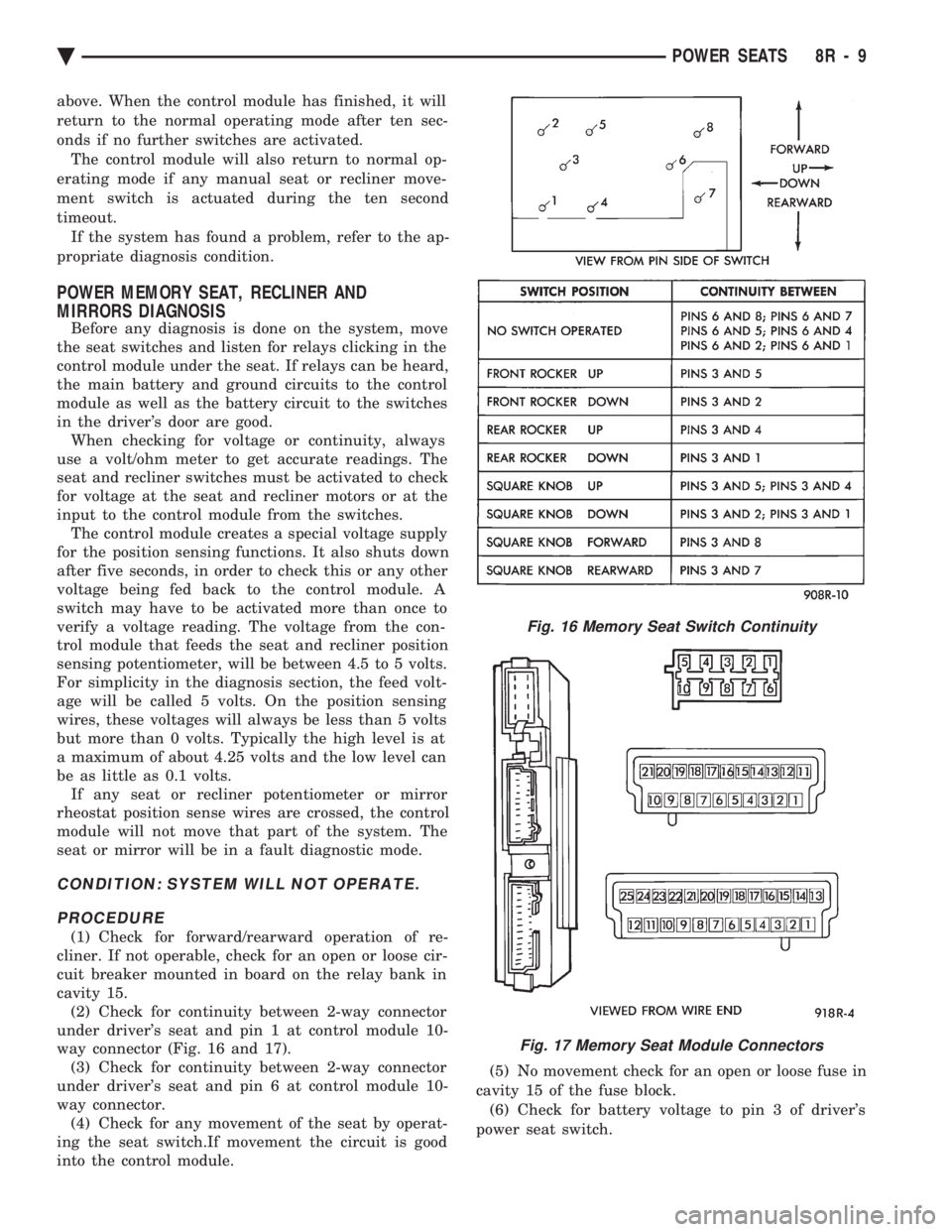 CHEVROLET PLYMOUTH ACCLAIM 1993  Service Manual above. When the control module has finished, it will 
return to the normal operating mode after ten sec-
onds if no further switches are activated.The control module will also return to normal op-
era