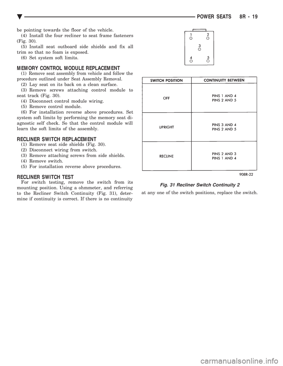 CHEVROLET PLYMOUTH ACCLAIM 1993  Service Manual be pointing towards the floor of the vehicle. (4) Install the four recliner to seat frame fasteners
(Fig. 30). (5) Install seat outboard side shields and fix all
trim so that no foam is exposed. (6) S