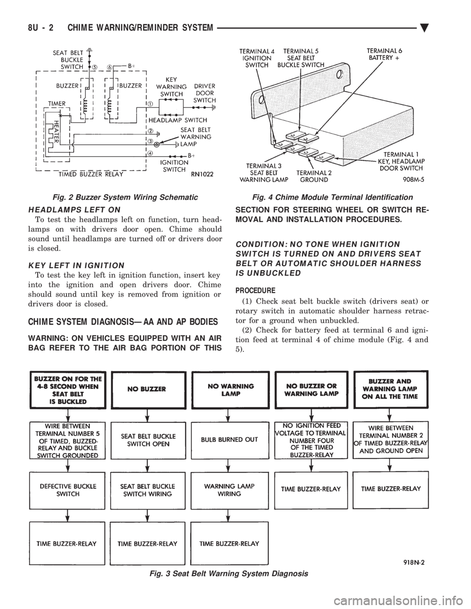 CHEVROLET PLYMOUTH ACCLAIM 1993 Service Manual HEADLAMPS LEFT ON
To test the headlamps left on function, turn head-
lamps on with drivers door open. Chime should
sound until headlamps are turned off or drivers door
is closed.
KEY LEFT IN IGNITION CHEVROLET PLYMOUTH ACCLAIM 1993 Service Manual HEADLAMPS LEFT ON
To test the headlamps left on function, turn head-
lamps on with drivers door open. Chime should
sound until headlamps are turned off or drivers door
is closed.
KEY LEFT IN IGNITION