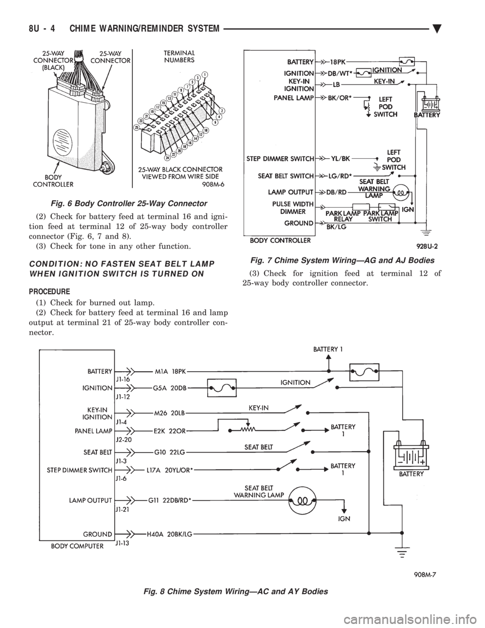 CHEVROLET PLYMOUTH ACCLAIM 1993 Service Manual (2) Check for battery feed at terminal 16 and igni-
tion feed at terminal 12 of 25-way body controller
connector (Fig. 6, 7 and 8). (3) Check for tone in any other function.
CONDITION: NO FASTEN SEAT CHEVROLET PLYMOUTH ACCLAIM 1993 Service Manual (2) Check for battery feed at terminal 16 and igni-
tion feed at terminal 12 of 25-way body controller
connector (Fig. 6, 7 and 8). (3) Check for tone in any other function.
CONDITION: NO FASTEN SEAT