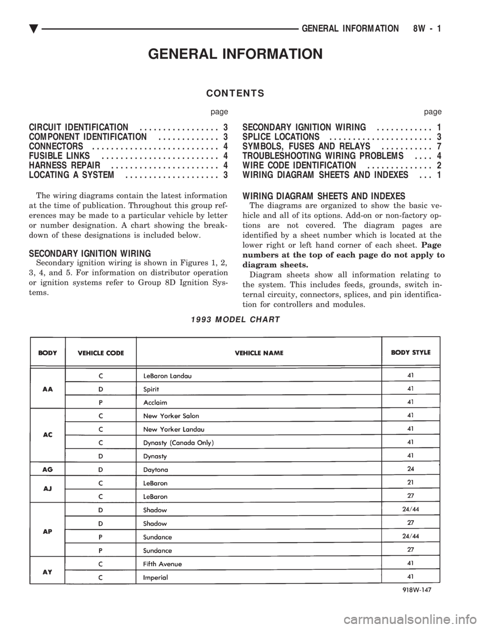CHEVROLET PLYMOUTH ACCLAIM 1993  Service Manual GENERAL INFORMATION
CONTENTS
page page
CIRCUIT IDENTIFICATION ................. 3 
COMPONENT IDENTIFICATION  ............. 3 
CONNECTORS  ........................... 4 
FUSIBLE LINKS  ................