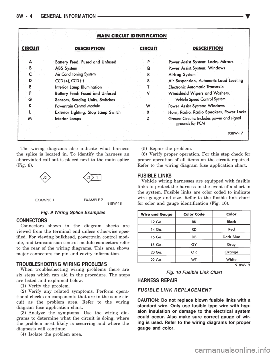 CHEVROLET PLYMOUTH ACCLAIM 1993  Service Manual The wiring diagrams also indicate what harness 
the splice is located in. To identify the harness an
abbreviated call out is placed next to the main splice
(Fig. 6).
CONNECTORS
Connectors shown in the