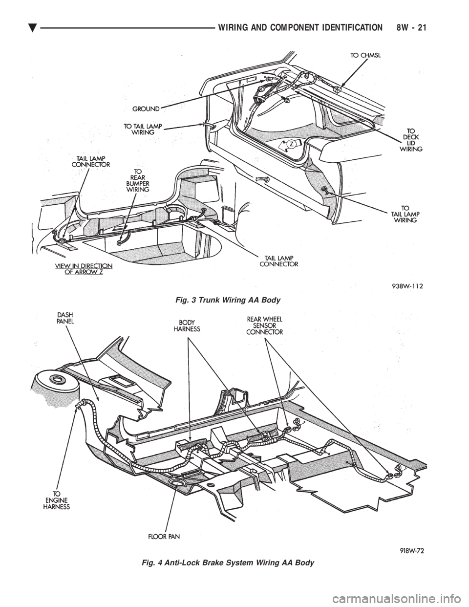 CHEVROLET PLYMOUTH ACCLAIM 1993 Service Manual Fig. 3 Trunk Wiring AA Body
Fig. 4 Anti-Lock Brake System Wiring AA Body
Ä WIRING AND COMPONENT IDENTIFICATION 8W - 21 CHEVROLET PLYMOUTH ACCLAIM 1993 Service Manual Fig. 3 Trunk Wiring AA Body
Fig. 4 Anti-Lock Brake System Wiring AA Body
Ä WIRING AND COMPONENT IDENTIFICATION 8W - 21