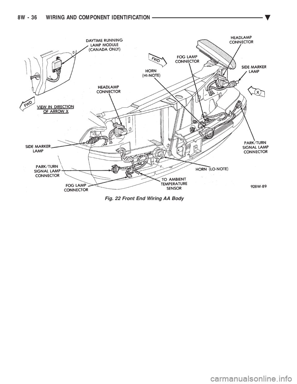 CHEVROLET PLYMOUTH ACCLAIM 1993  Service Manual Fig. 22 Front End Wiring AA Body
8W - 36 WIRING AND COMPONENT IDENTIFICATION Ä 