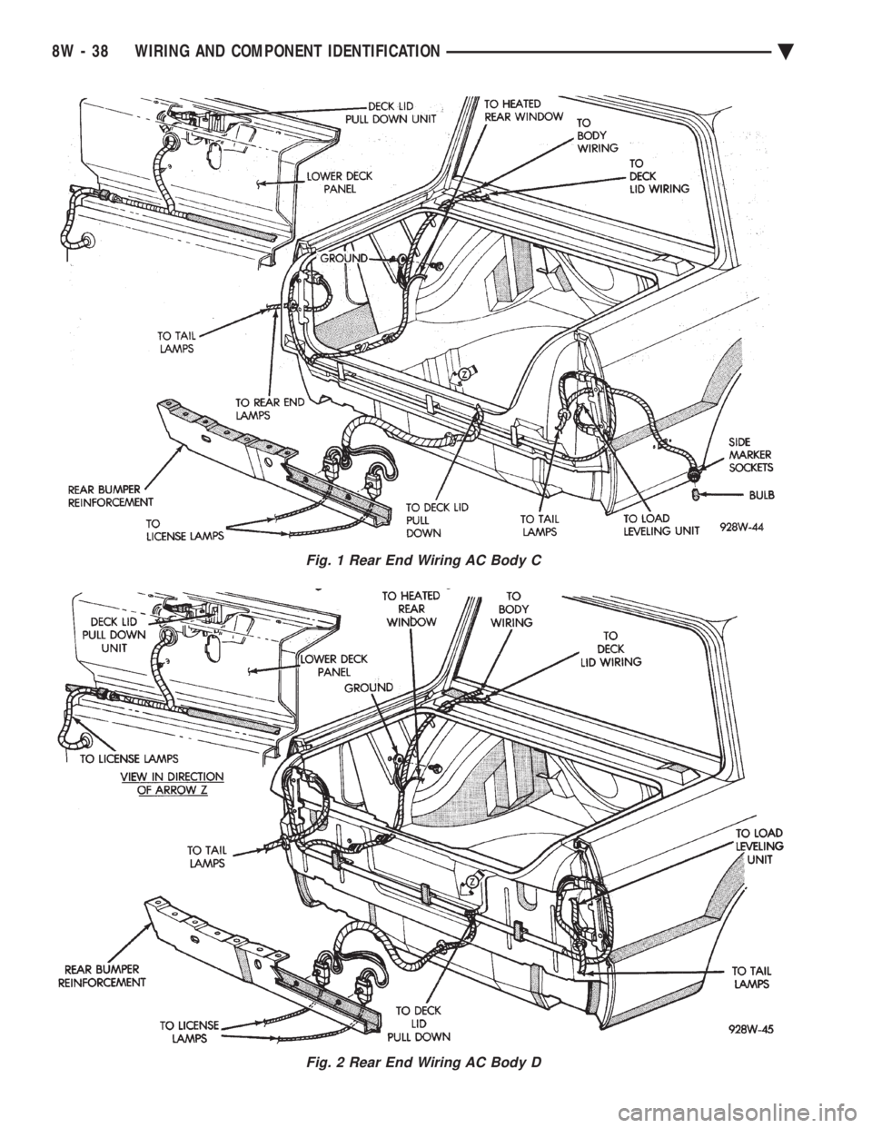 CHEVROLET PLYMOUTH ACCLAIM 1993  Service Manual Fig. 1 Rear End Wiring AC Body C
Fig. 2 Rear End Wiring AC Body D
8W - 38 WIRING AND COMPONENT IDENTIFICATION Ä 