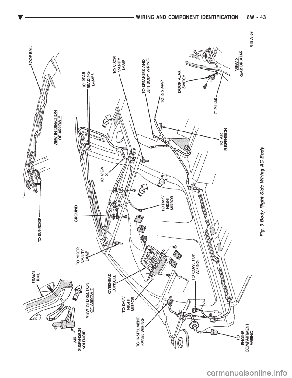 CHEVROLET PLYMOUTH ACCLAIM 1993 Service Manual Fig. 9 Body Right Side Wiring AC Body
Ä WIRING AND COMPONENT IDENTIFICATION 8W - 43 CHEVROLET PLYMOUTH ACCLAIM 1993 Service Manual Fig. 9 Body Right Side Wiring AC Body
Ä WIRING AND COMPONENT IDENTIFICATION 8W - 43