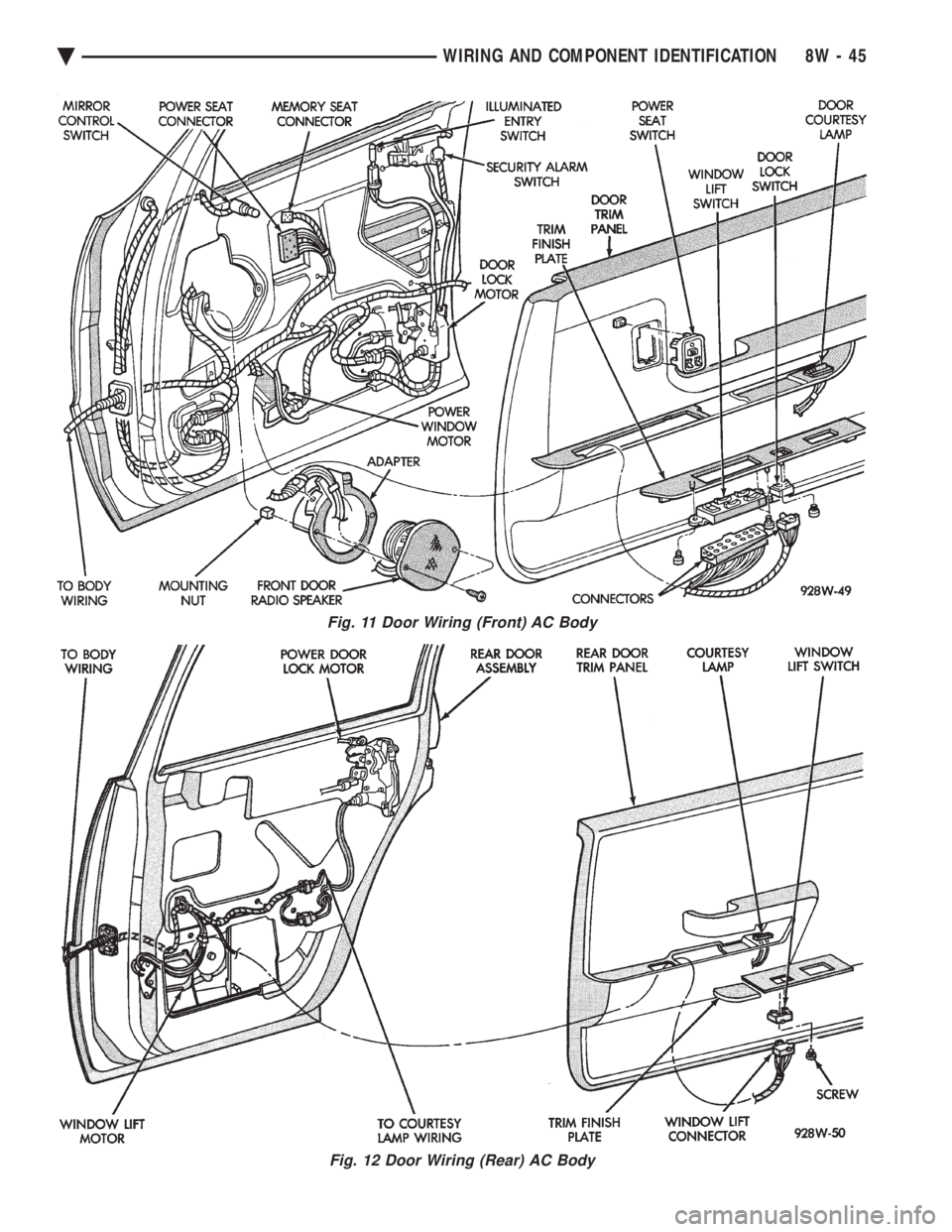 CHEVROLET PLYMOUTH ACCLAIM 1993 Service Manual Fig. 11 Door Wiring (Front) AC Body
Fig. 12 Door Wiring (Rear) AC Body
Ä WIRING AND COMPONENT IDENTIFICATION 8W - 45 CHEVROLET PLYMOUTH ACCLAIM 1993 Service Manual Fig. 11 Door Wiring (Front) AC Body
Fig. 12 Door Wiring (Rear) AC Body
Ä WIRING AND COMPONENT IDENTIFICATION 8W - 45