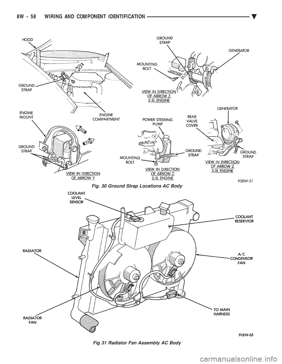 CHEVROLET PLYMOUTH ACCLAIM 1993 Service Manual Fig. 30 Ground Strap Locations AC Body
Fig 31 Radiator Fan Assembly AC Body
8W - 58 WIRING AND COMPONENT IDENTIFICATION Ä CHEVROLET PLYMOUTH ACCLAIM 1993 Service Manual Fig. 30 Ground Strap Locations AC Body
Fig 31 Radiator Fan Assembly AC Body
8W - 58 WIRING AND COMPONENT IDENTIFICATION Ä
