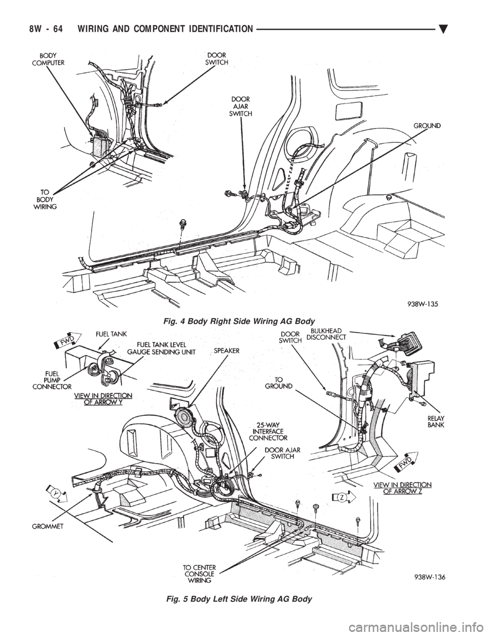CHEVROLET PLYMOUTH ACCLAIM 1993 Service Manual Fig. 4 Body Right Side Wiring AG Body
Fig. 5 Body Left Side Wiring AG Body
8W - 64 WIRING AND COMPONENT IDENTIFICATION Ä CHEVROLET PLYMOUTH ACCLAIM 1993 Service Manual Fig. 4 Body Right Side Wiring AG Body
Fig. 5 Body Left Side Wiring AG Body
8W - 64 WIRING AND COMPONENT IDENTIFICATION Ä