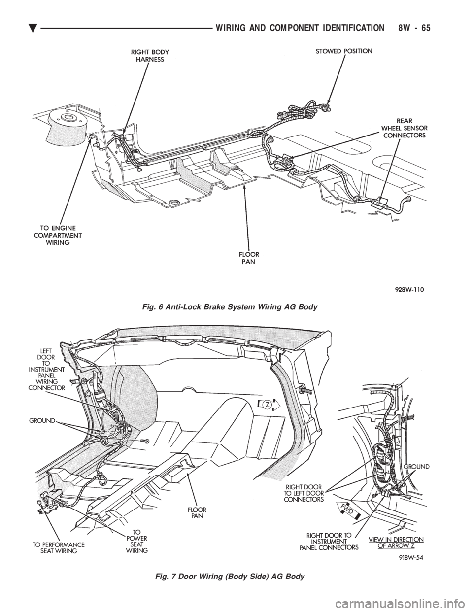 CHEVROLET PLYMOUTH ACCLAIM 1993 Service Manual Fig. 6 Anti-Lock Brake System Wiring AG Body
Fig. 7 Door Wiring (Body Side) AG Body
Ä WIRING AND COMPONENT IDENTIFICATION 8W - 65 CHEVROLET PLYMOUTH ACCLAIM 1993 Service Manual Fig. 6 Anti-Lock Brake System Wiring AG Body
Fig. 7 Door Wiring (Body Side) AG Body
Ä WIRING AND COMPONENT IDENTIFICATION 8W - 65