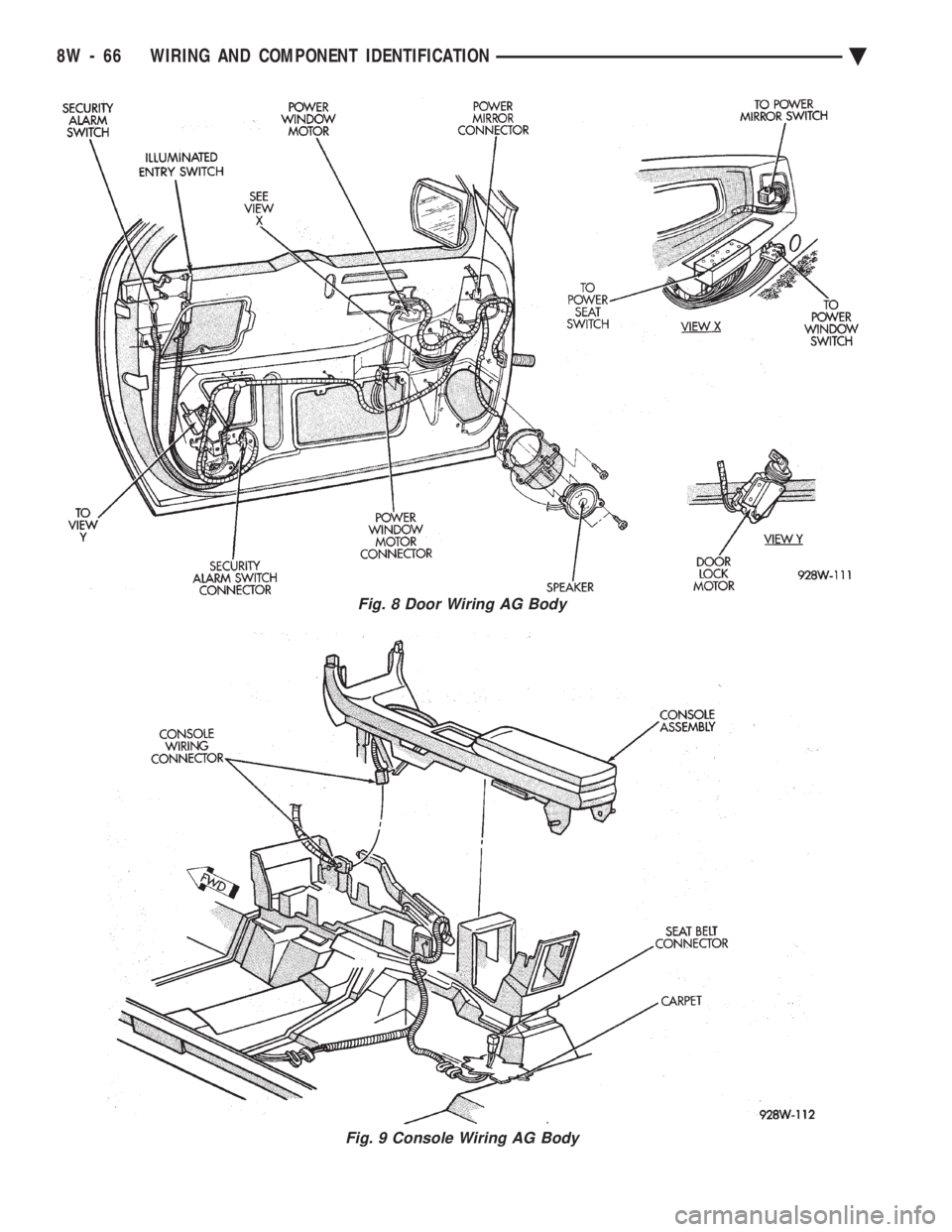 CHEVROLET PLYMOUTH ACCLAIM 1993 Service Manual Fig. 8 Door Wiring AG Body
Fig. 9 Console Wiring AG Body
8W - 66 WIRING AND COMPONENT IDENTIFICATION Ä CHEVROLET PLYMOUTH ACCLAIM 1993 Service Manual Fig. 8 Door Wiring AG Body
Fig. 9 Console Wiring AG Body
8W - 66 WIRING AND COMPONENT IDENTIFICATION Ä
