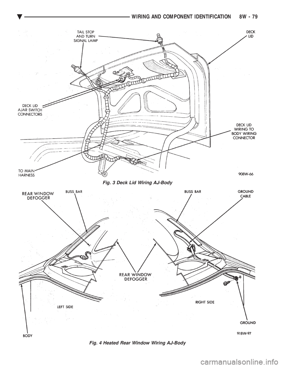 CHEVROLET PLYMOUTH ACCLAIM 1993 Service Manual Fig. 3 Deck Lid Wiring AJ-Body
Fig. 4 Heated Rear Window Wiring AJ-Body
Ä WIRING AND COMPONENT IDENTIFICATION 8W - 79 CHEVROLET PLYMOUTH ACCLAIM 1993 Service Manual Fig. 3 Deck Lid Wiring AJ-Body
Fig. 4 Heated Rear Window Wiring AJ-Body
Ä WIRING AND COMPONENT IDENTIFICATION 8W - 79