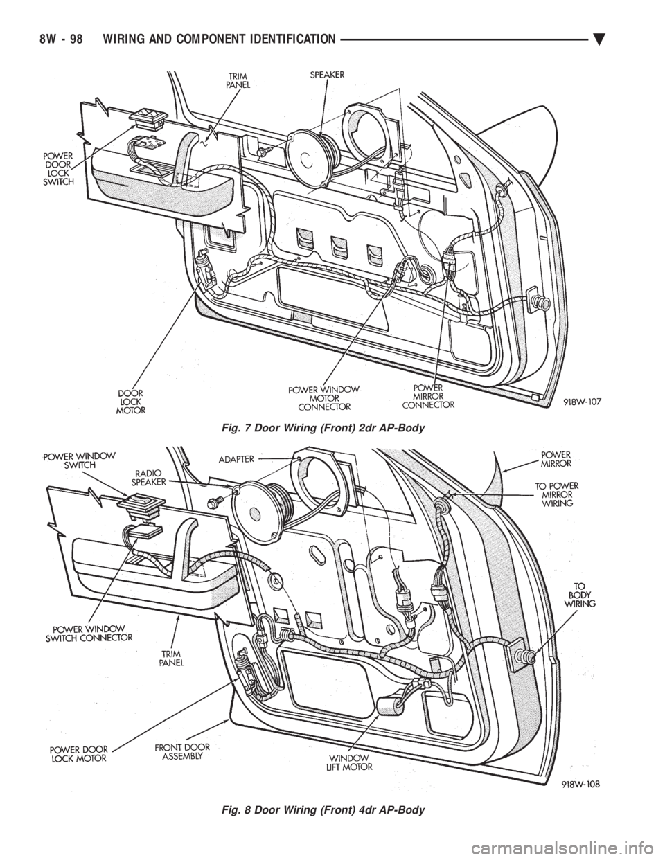 CHEVROLET PLYMOUTH ACCLAIM 1993 Service Manual Fig. 7 Door Wiring (Front) 2dr AP-Body
Fig. 8 Door Wiring (Front) 4dr AP-Body
8W - 98 WIRING AND COMPONENT IDENTIFICATION Ä CHEVROLET PLYMOUTH ACCLAIM 1993 Service Manual Fig. 7 Door Wiring (Front) 2dr AP-Body
Fig. 8 Door Wiring (Front) 4dr AP-Body
8W - 98 WIRING AND COMPONENT IDENTIFICATION Ä