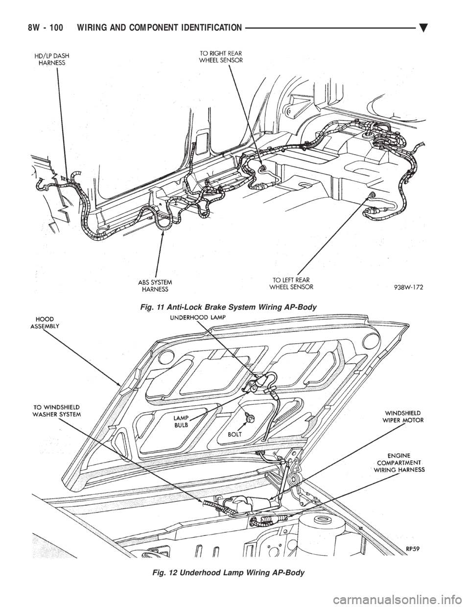 CHEVROLET PLYMOUTH ACCLAIM 1993 Service Manual Fig. 11 Anti-Lock Brake System Wiring AP-Body
Fig. 12 Underhood Lamp Wiring AP-Body
8W - 100 WIRING AND COMPONENT IDENTIFICATION Ä CHEVROLET PLYMOUTH ACCLAIM 1993 Service Manual Fig. 11 Anti-Lock Brake System Wiring AP-Body
Fig. 12 Underhood Lamp Wiring AP-Body
8W - 100 WIRING AND COMPONENT IDENTIFICATION Ä
